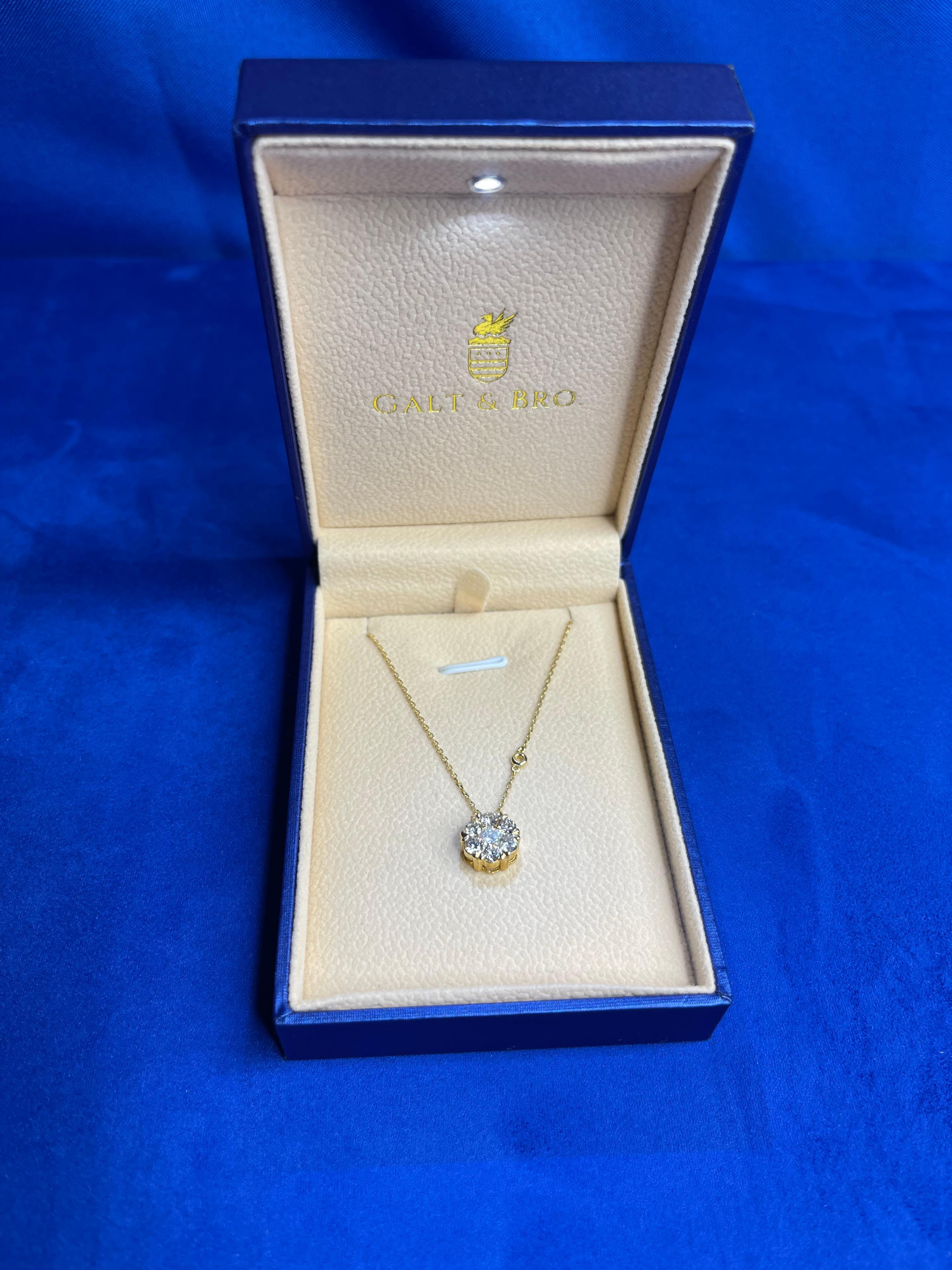 Brilliant Cut Diamond Halo Flower Sun 18 Karat Gold Pendant Dainty Thin Chain Station Necklace For Sale