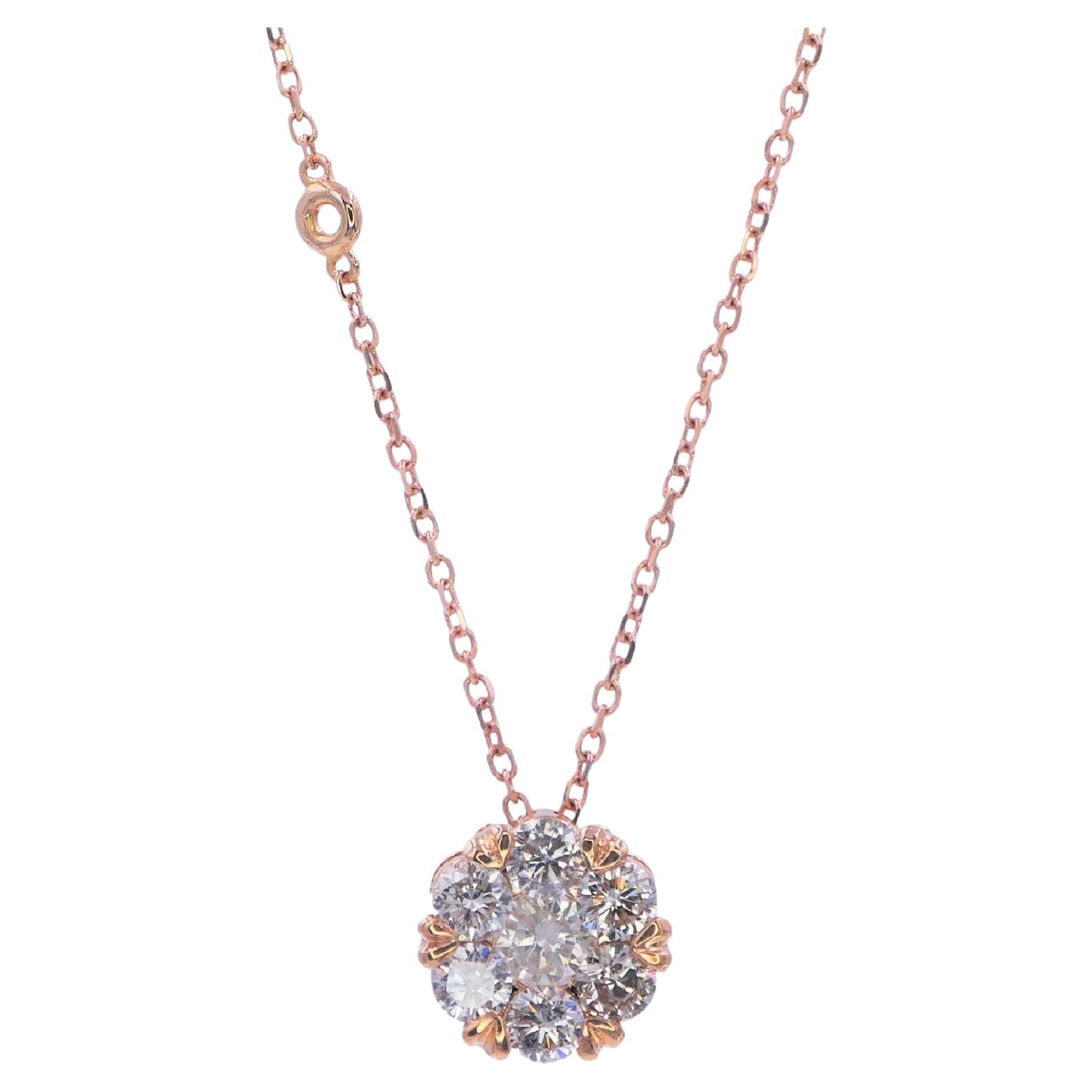 Diamond Halo Flower Sun 18 Karat Gold Pendant Dainty Thin Chain Station Necklace For Sale