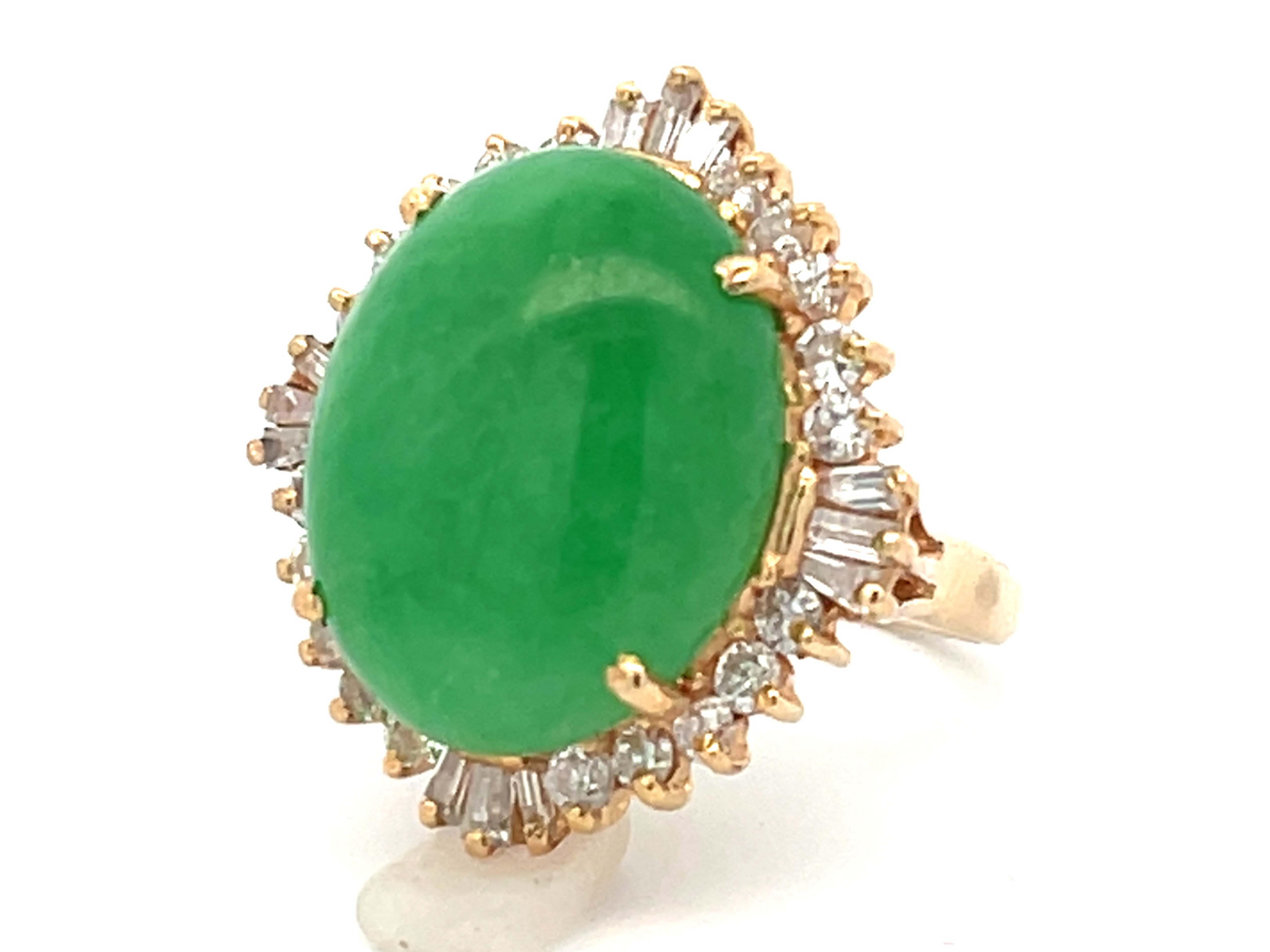Oval Cut Diamond Halo Jade Ring in 18K Yellow Gold For Sale