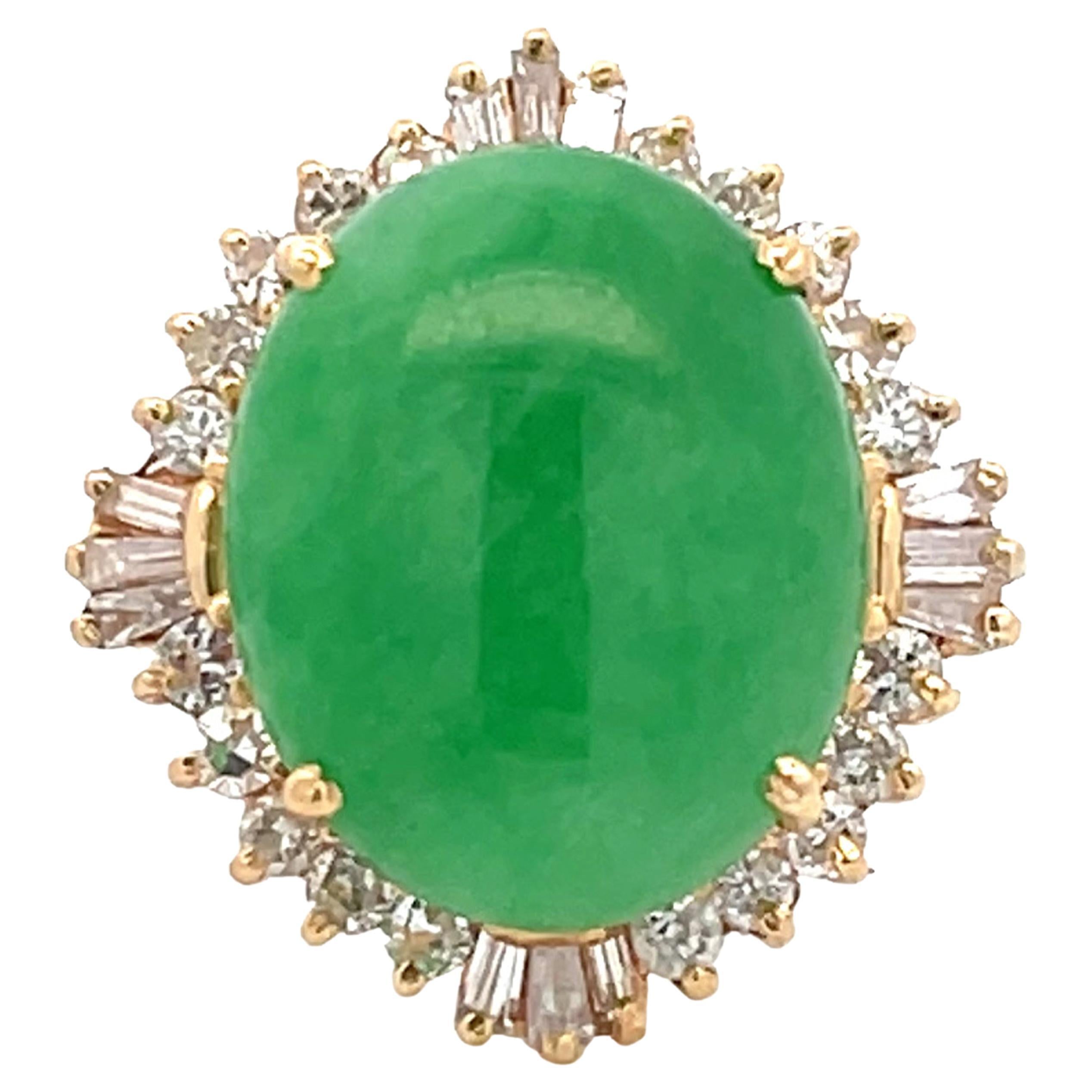 Diamond Halo Jade Ring in 18K Yellow Gold For Sale