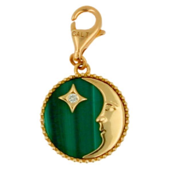 Collier à breloque médaillon en or avec diamants, étoile de lune verte et malachite