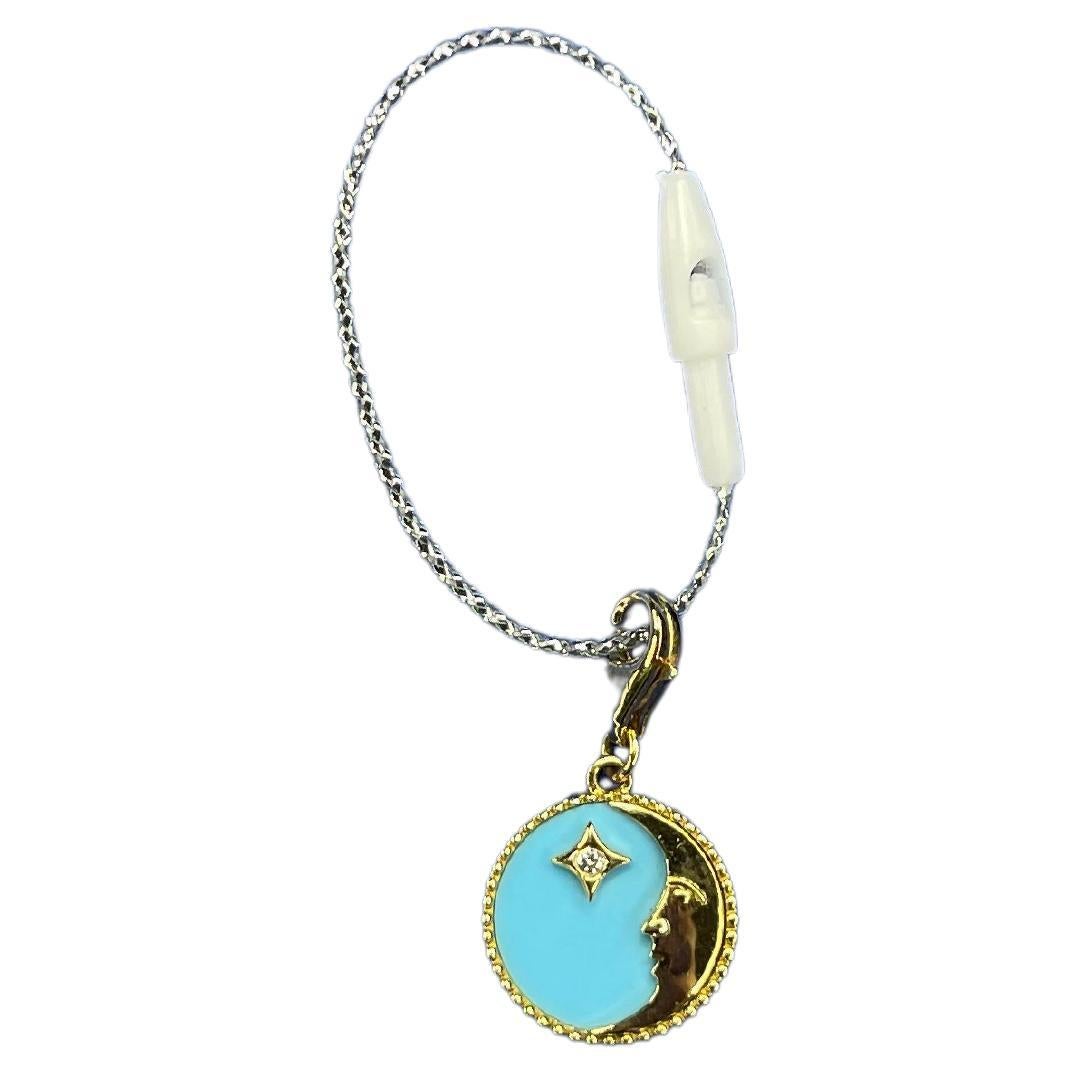 Modern Diamond Zodiac Moon Star Teal Blue Turquoise 18K Gold Pendant Charm Medallion
