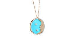 Diamond Halo Moon Star Turquoise 18 K Rose Gold Pendant Charm Medallion Necklace