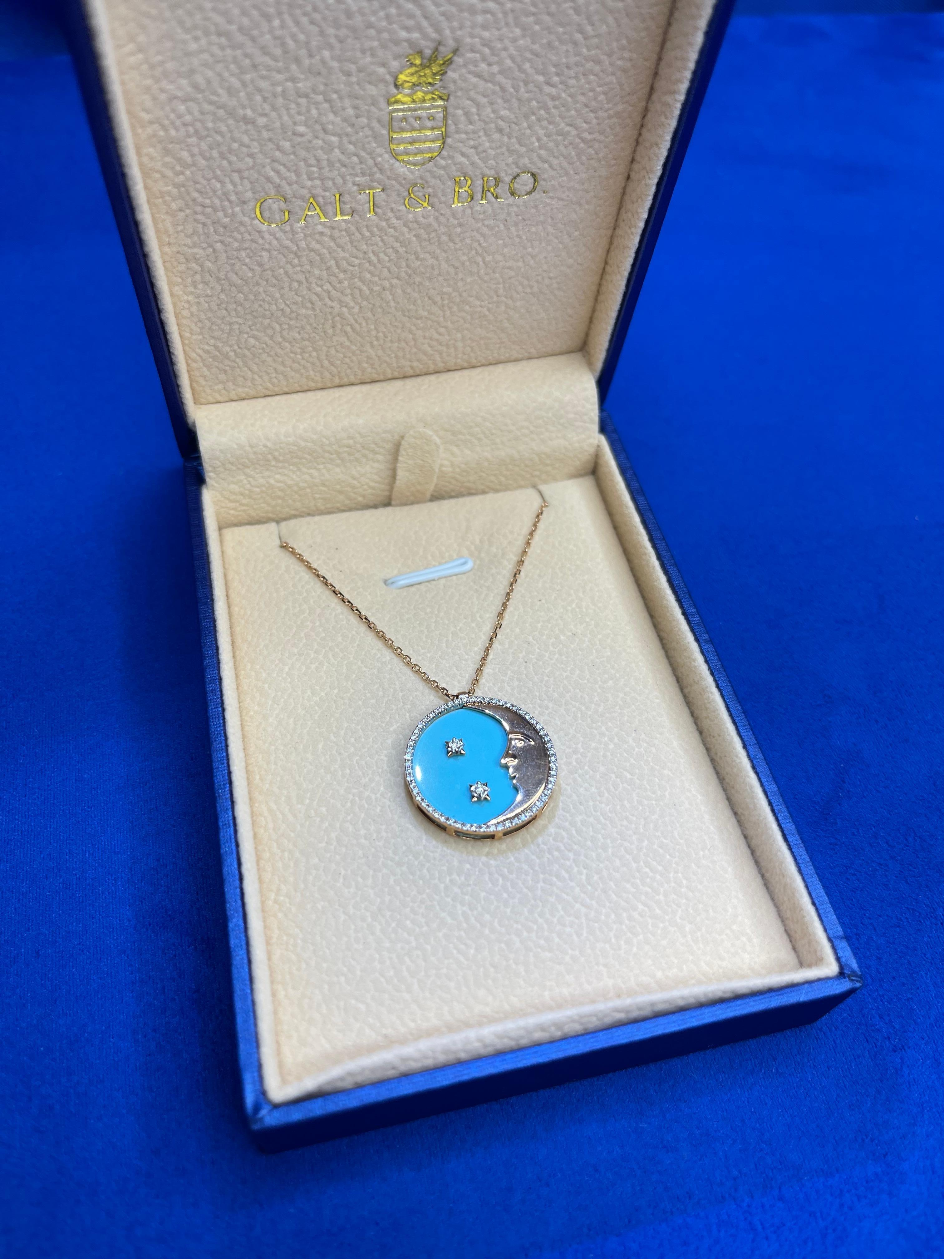 Diamond Halo Moon Star Turquoise 18 K Rose Gold Pendant Charm Medallion Necklace In New Condition In Oakton, VA
