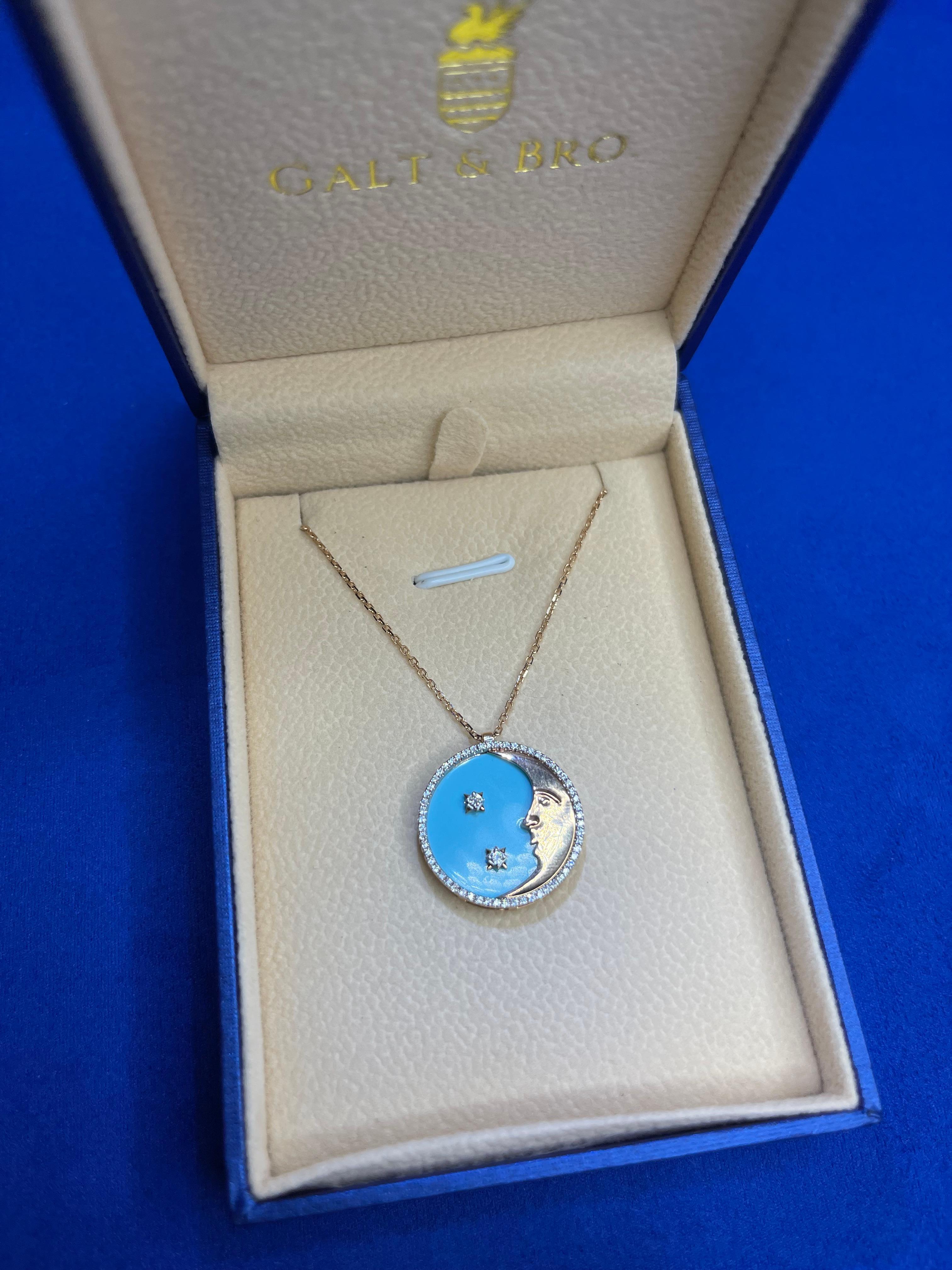 Women's or Men's Diamond Halo Moon Star Turquoise 18 K Rose Gold Pendant Charm Medallion Necklace