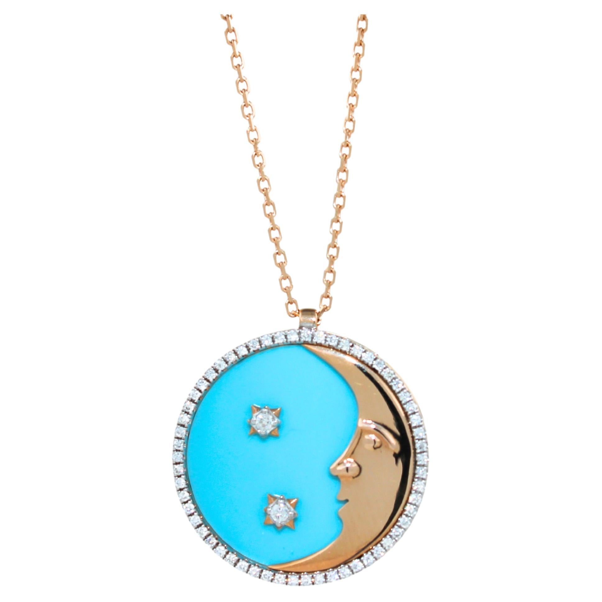 Diamond Halo Moon Star Turquoise 18 K Rose Gold Pendant Charm Medallion Necklace