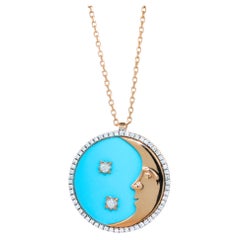 Diamond Halo Moon Star Turquoise 18 K Rose Gold Pendant Charm Medallion Necklace