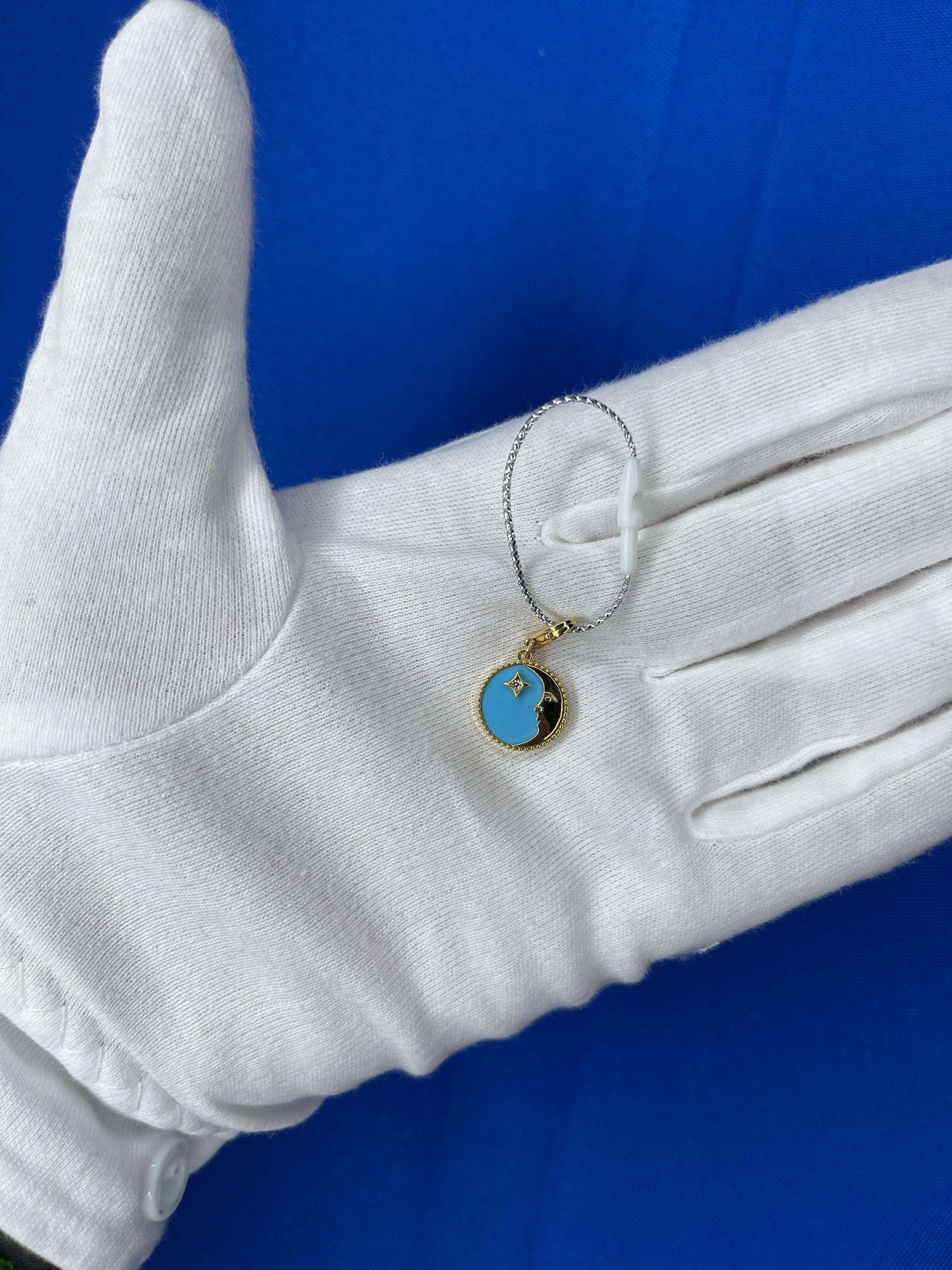 Diamond Zodiac Moon Star Teal Blue Turquoise 18K Gold Pendant Charm Medallion In New Condition In Oakton, VA