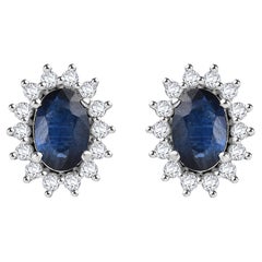 Diamond Halo Natural Blue Sapphire Oval Stud Earrings in 14k White Gold