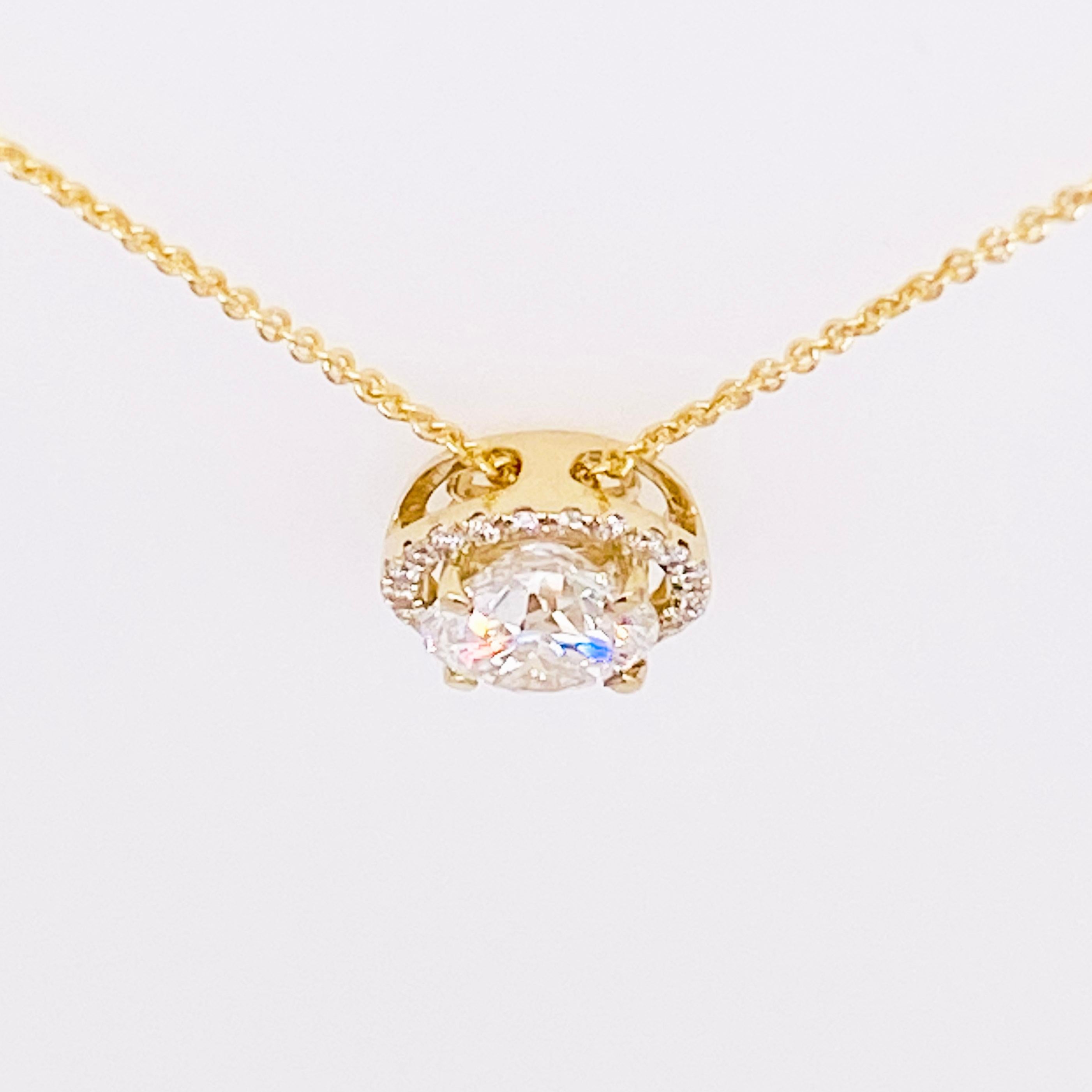 Round Cut Diamond Halo Necklace, 14 Karat Yellow Gold Bolo Chain .94 Carat Diamond, Choker For Sale