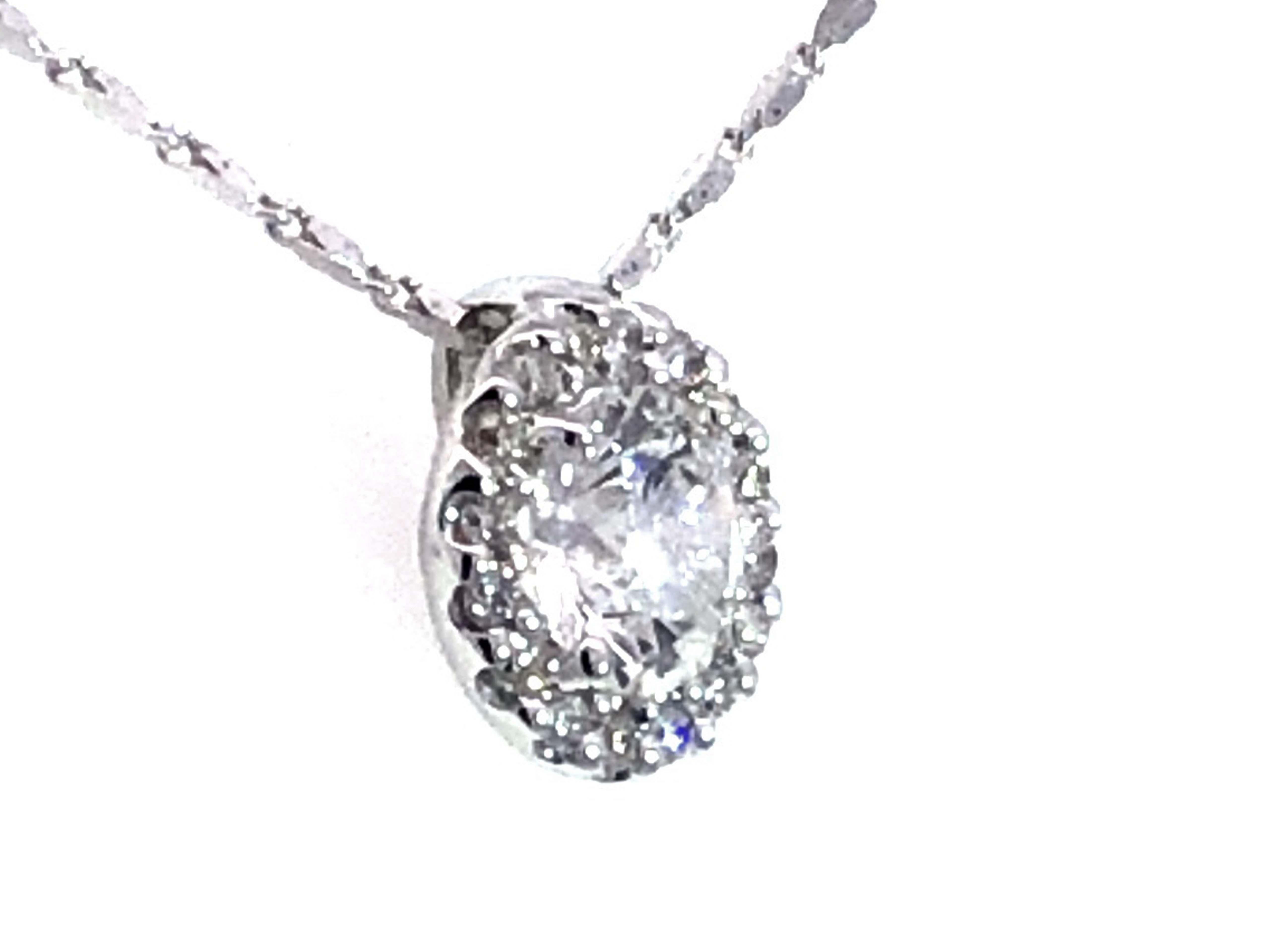 Modern Diamond Halo Necklace in 14K White Gold For Sale