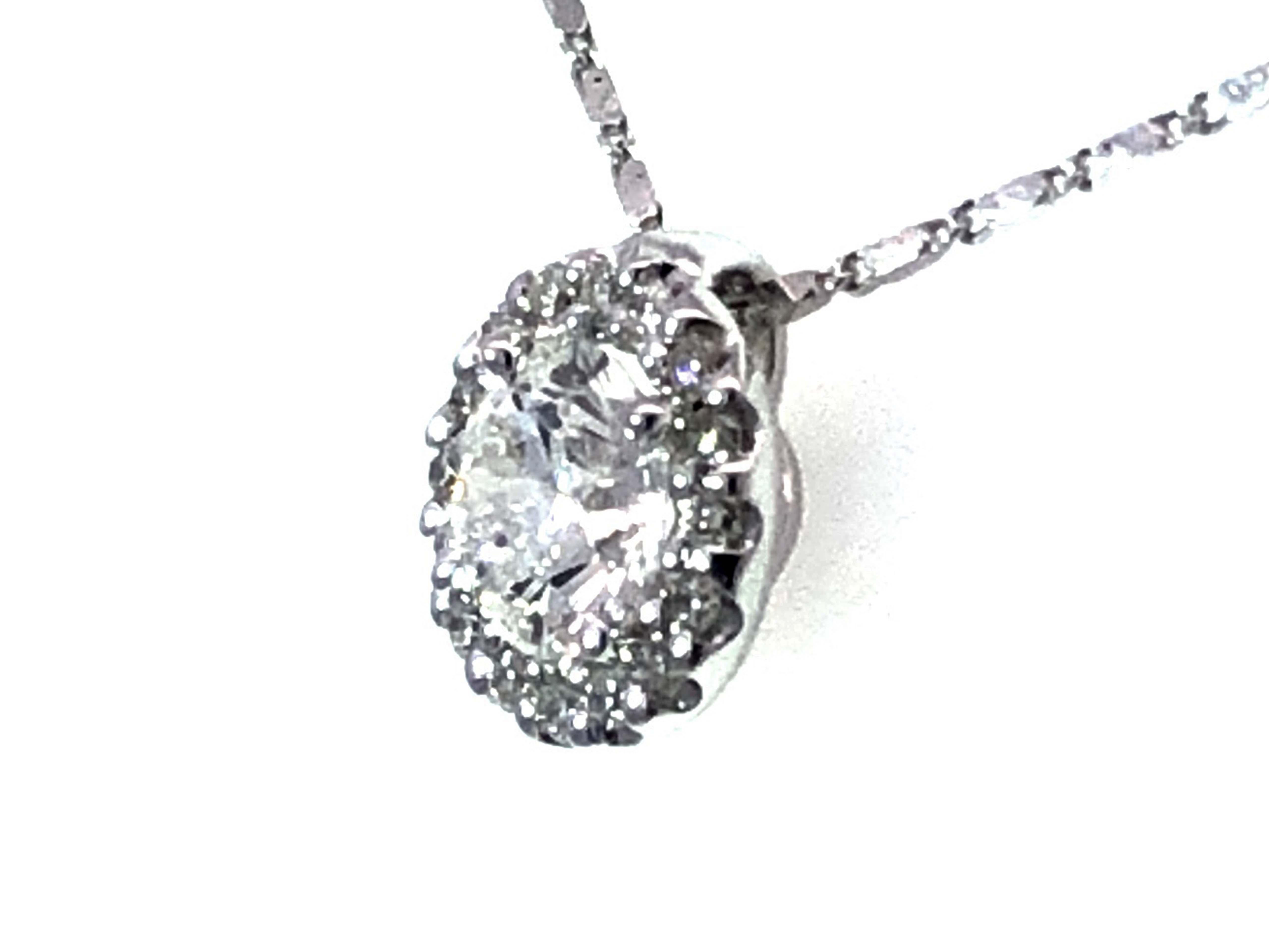 Round Cut Diamond Halo Necklace in 14K White Gold For Sale