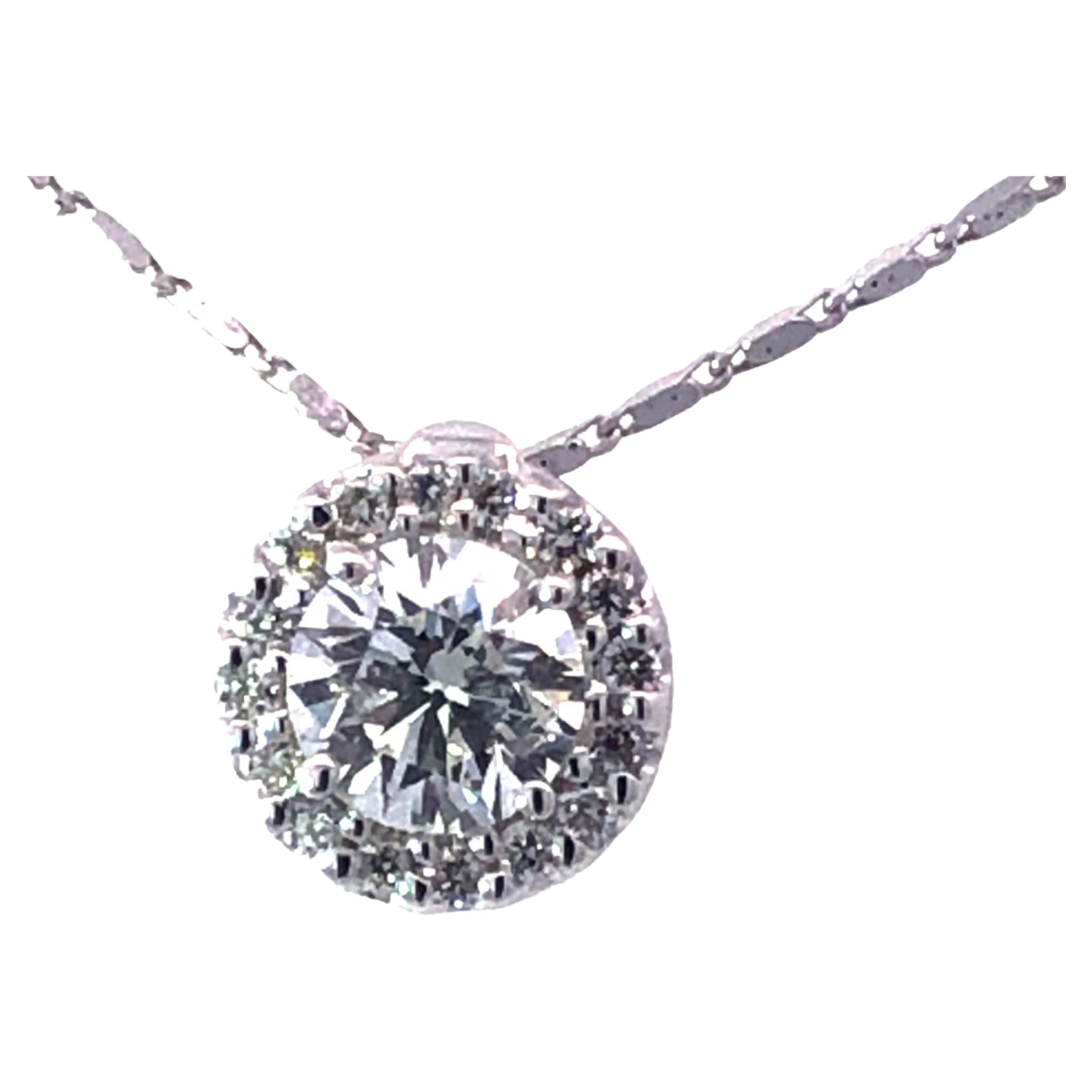 Diamond Halo Necklace in 14K White Gold For Sale