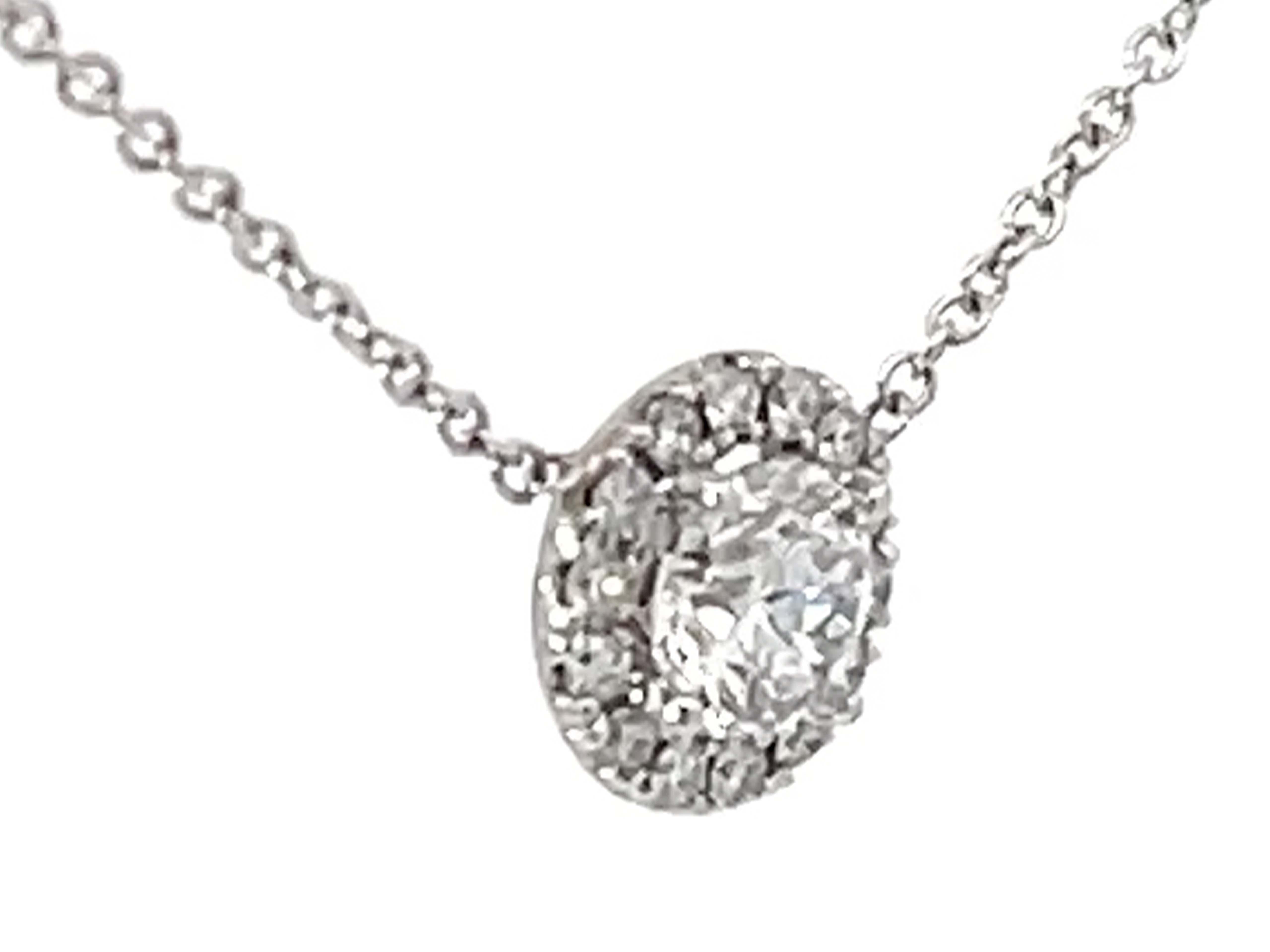 Modern Diamond Halo Necklace Solid 14k White Gold For Sale