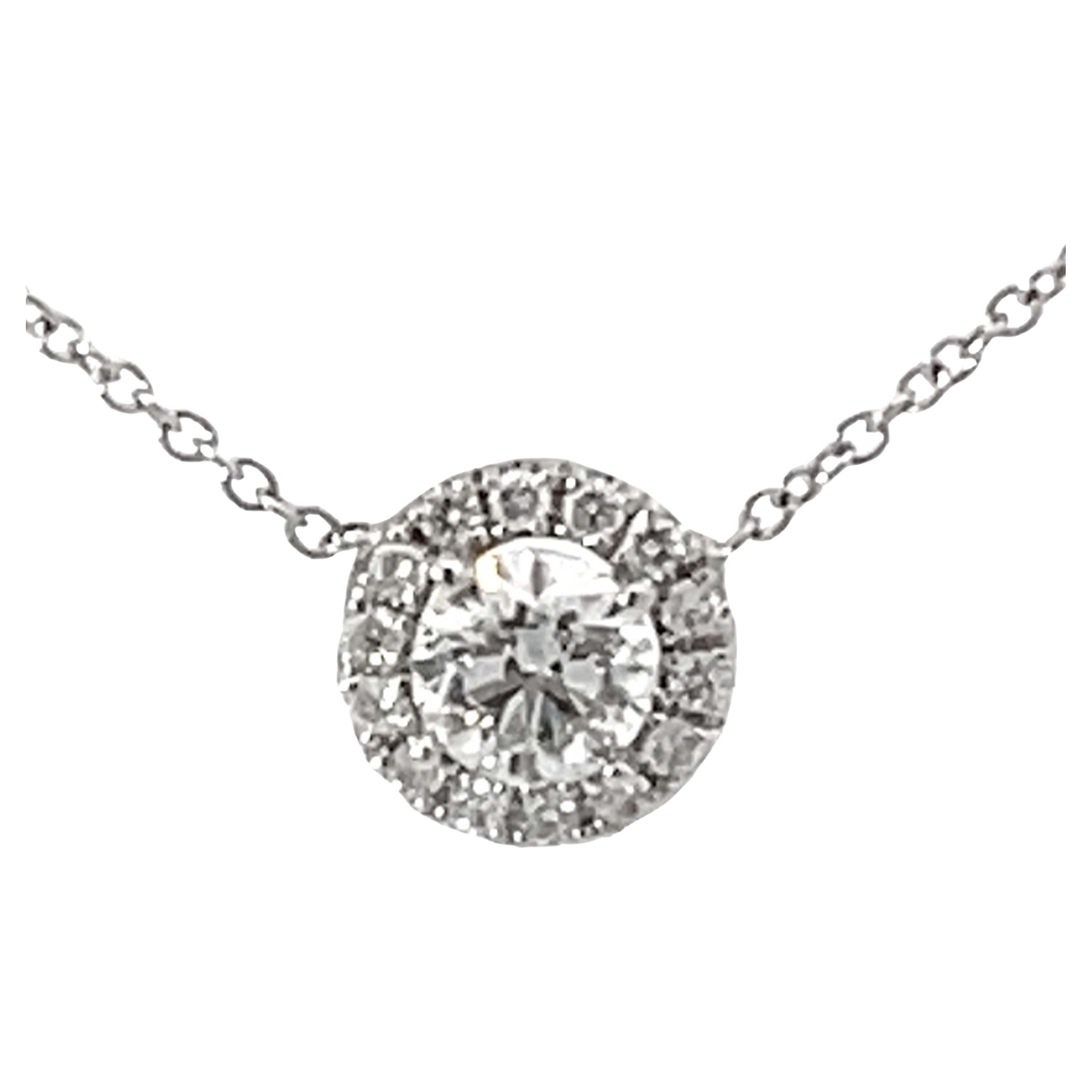 Diamond Halo Necklace Solid 14k White Gold For Sale
