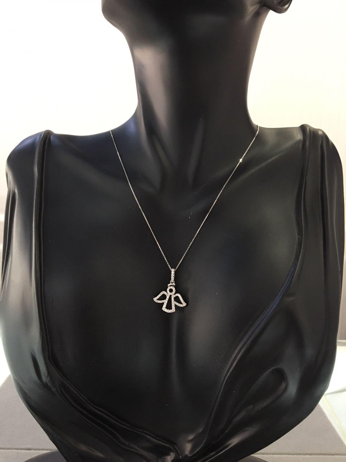 Mixed Cut Diamond Halo Pave Angel Necklace Pendant Charm 18 Karat White Gold Statement For Sale