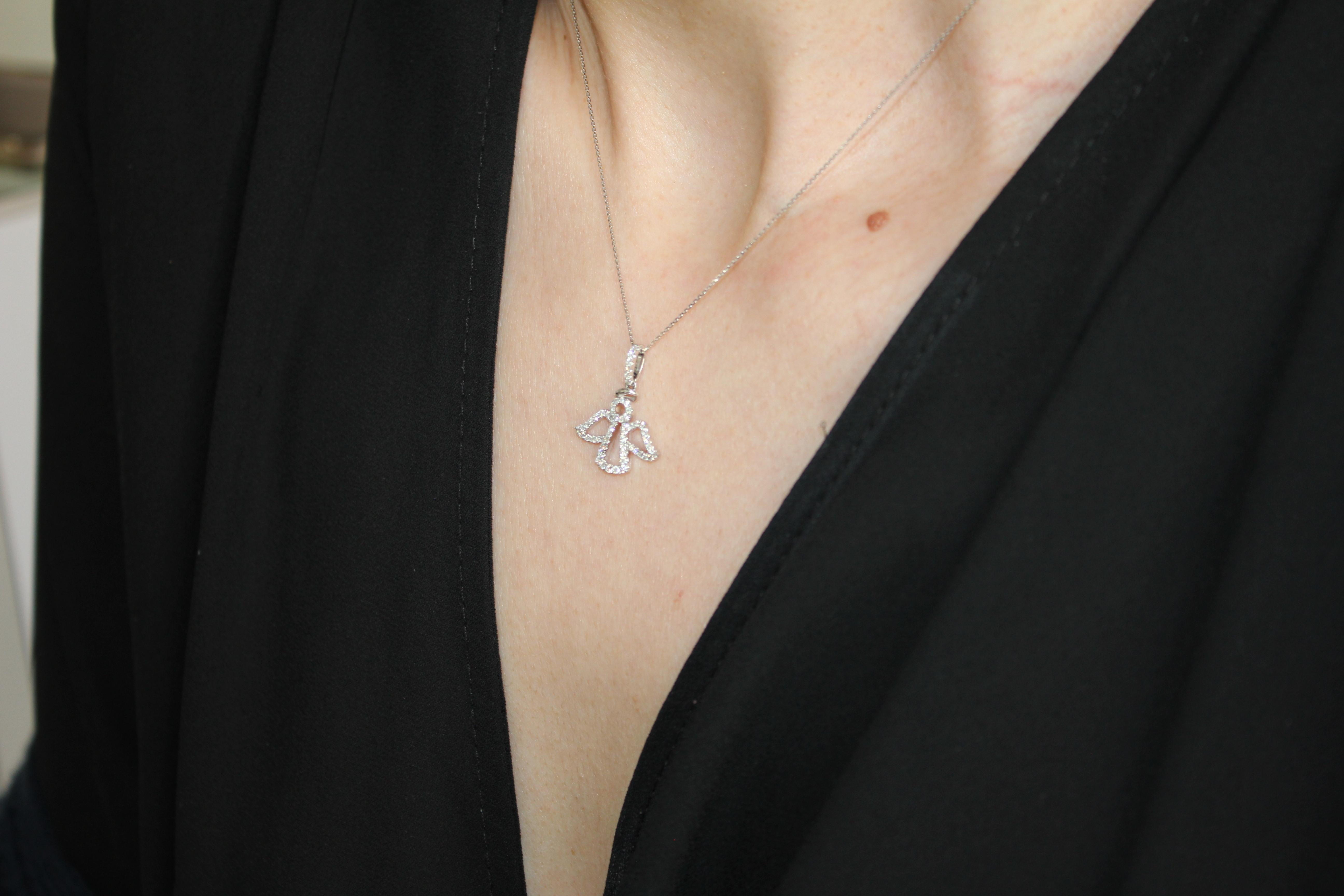 Modern Diamond Halo Pave Angel Necklace Pendant Charm 18 Karat White Gold Statement For Sale