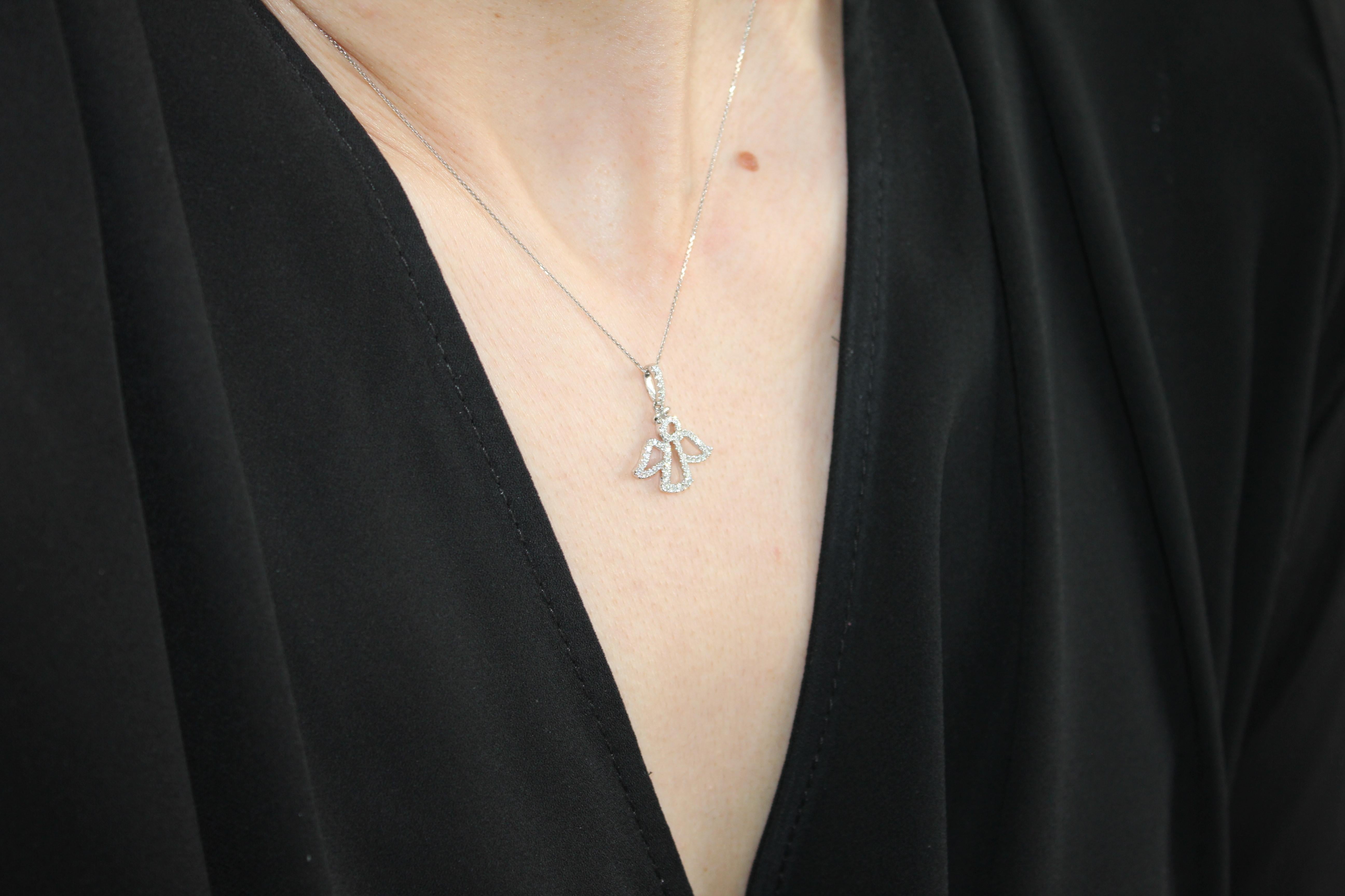 Diamond Halo Pave Angel Necklace Pendant Charm 18 Karat White Gold Statement In New Condition For Sale In Oakton, VA