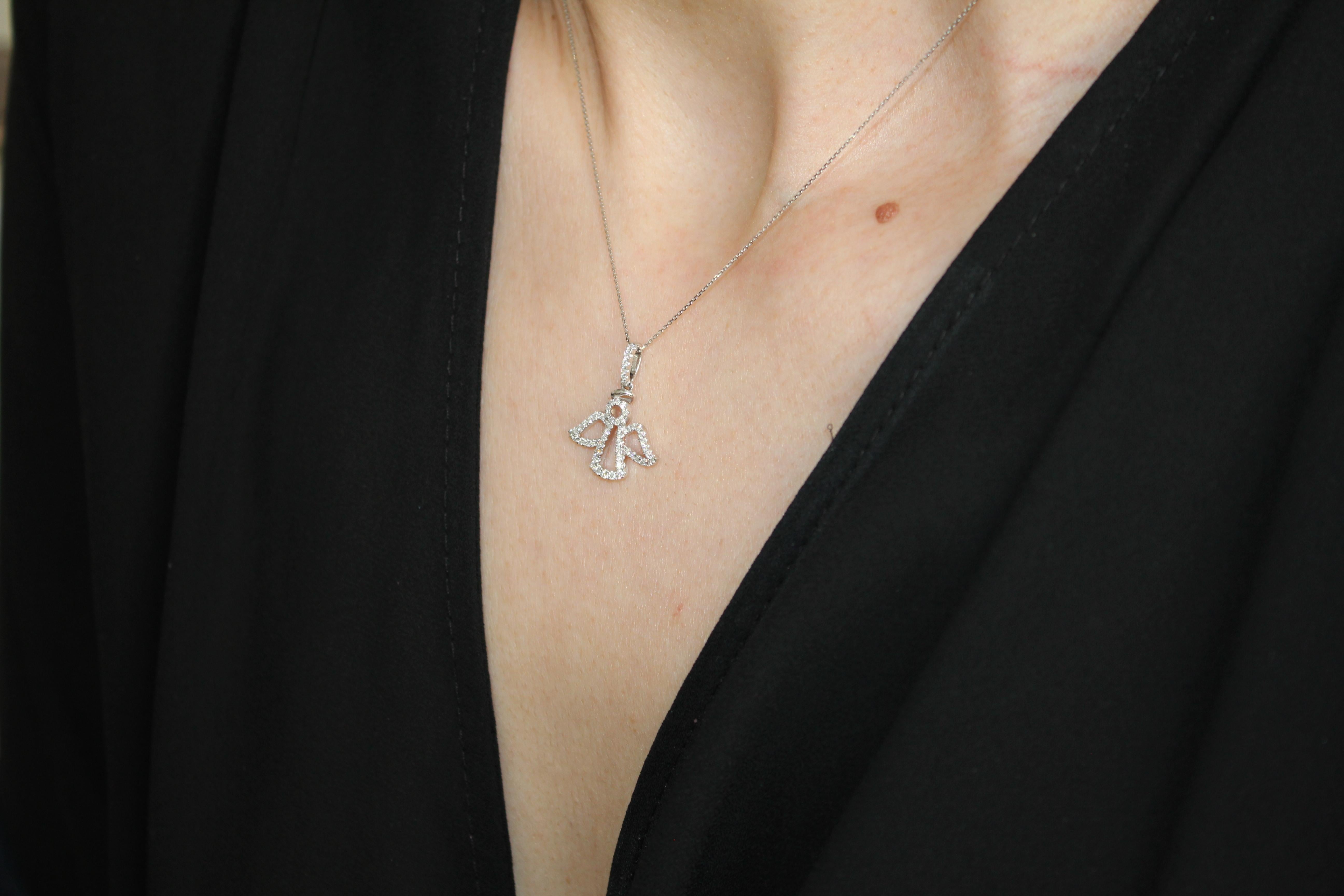 Diamond Halo Pave Angel Necklace Pendant Charm 18 Karat White Gold Statement For Sale 1