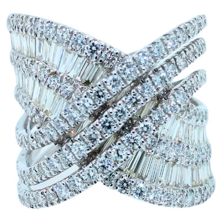 Baguette Cut Diamond Halo Pave Baguette Spiral Wave Cocktail Band 18 Karat White Gold Ring For Sale