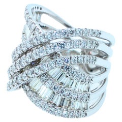Diamond Halo Pave Baguette Spiral Wave Cocktail Band 18 Karat White Gold Ring