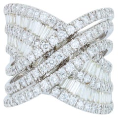 Diamond Halo Pave Baguette Spiral Wave Cocktail Band 18 Karat White Gold Ring