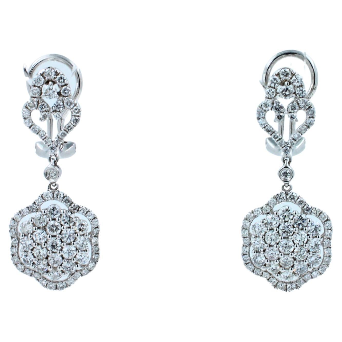 Diamond Halo Pave Clover Symbol 18k White Gold Statement Drop Dangle Earrings