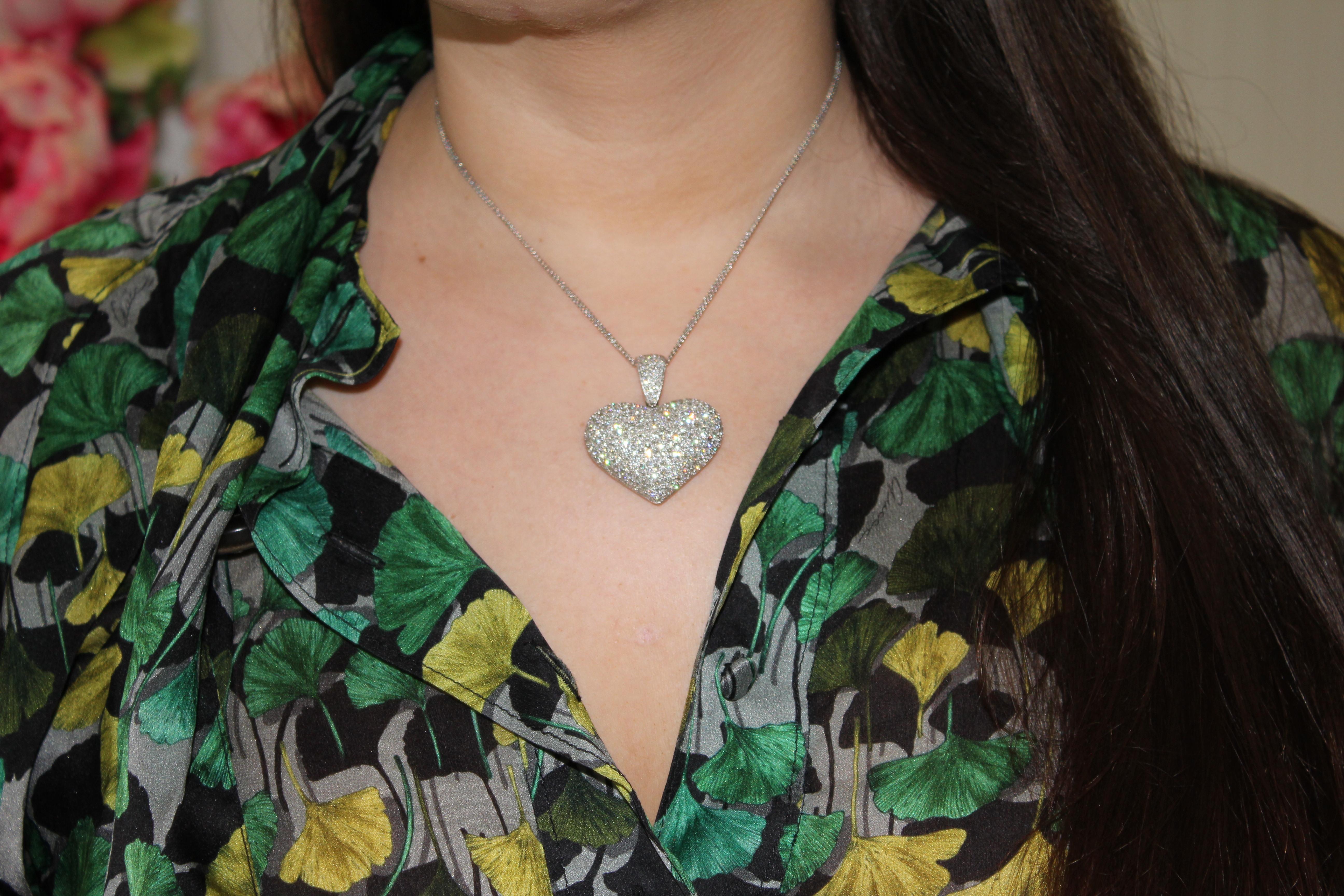 Diamond Halo Pave Jumbo Large Big Heart Romantic Pendant 18k White Gold Necklace For Sale 1