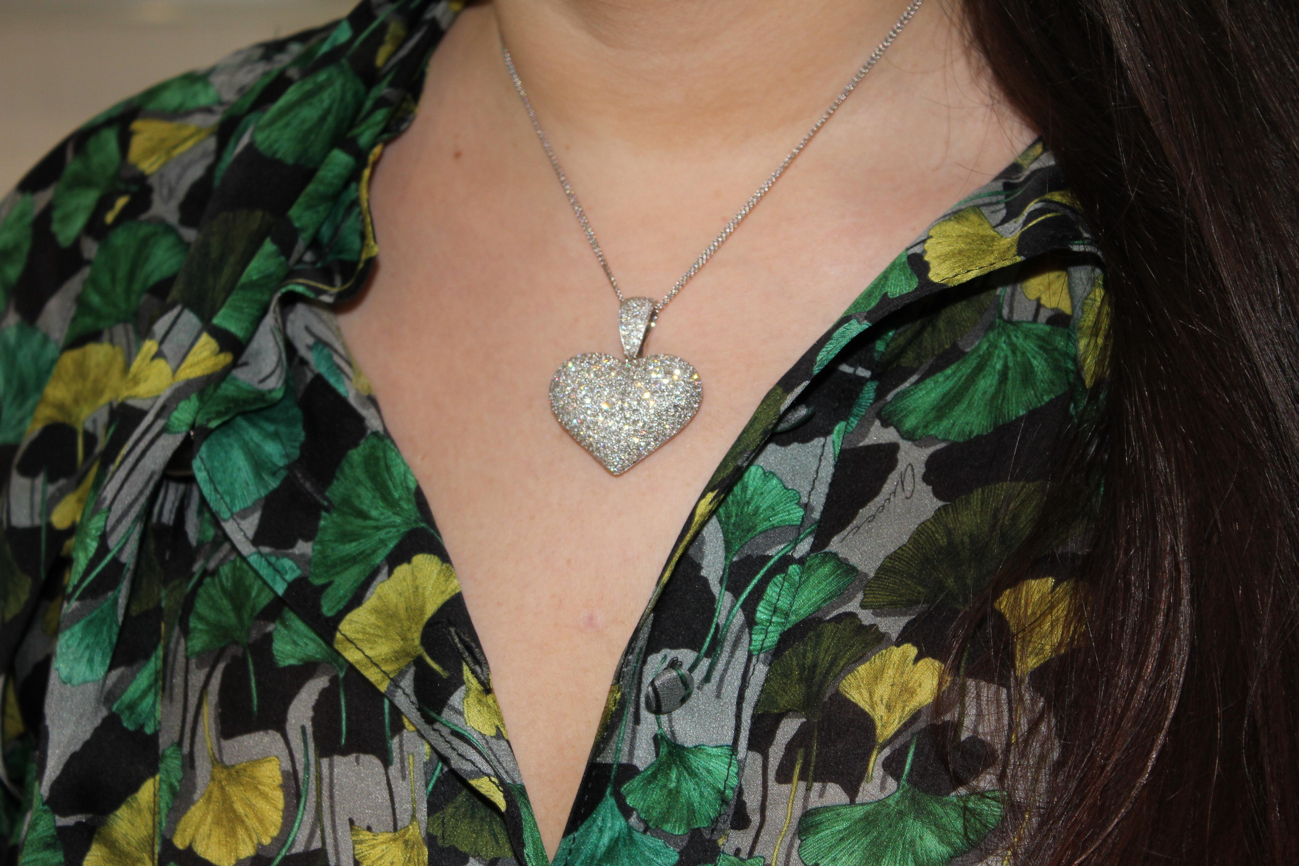 Diamond Halo Pave Jumbo Large Big Heart Romantic Pendant 18k White Gold Necklace For Sale 2