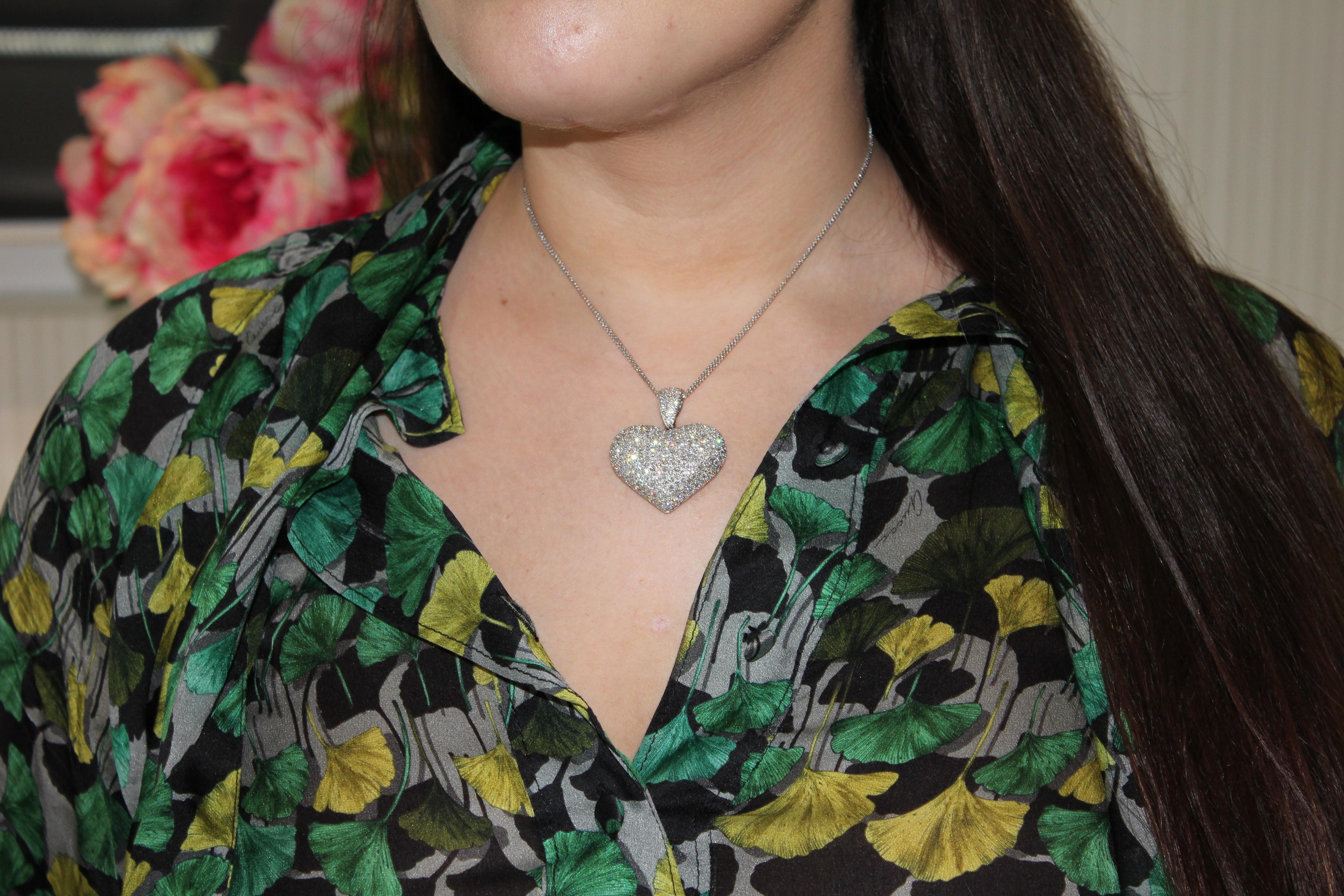 Diamond Halo Pave Jumbo Large Big Heart Romantic Pendant 18k White Gold Necklace For Sale 3