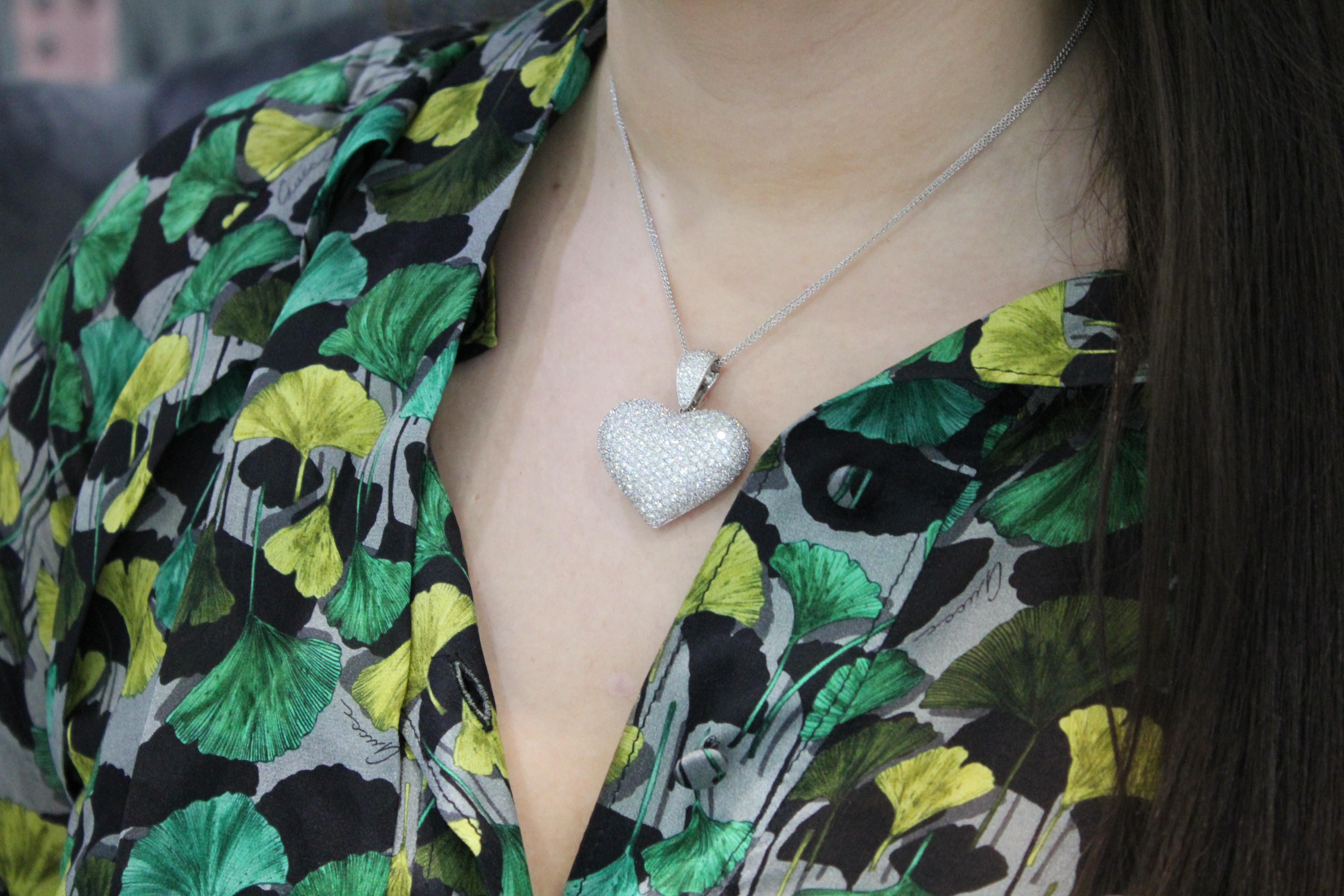 Diamond Halo Pave Jumbo Large Big Heart Romantic Pendant 18k White Gold Necklace For Sale 5