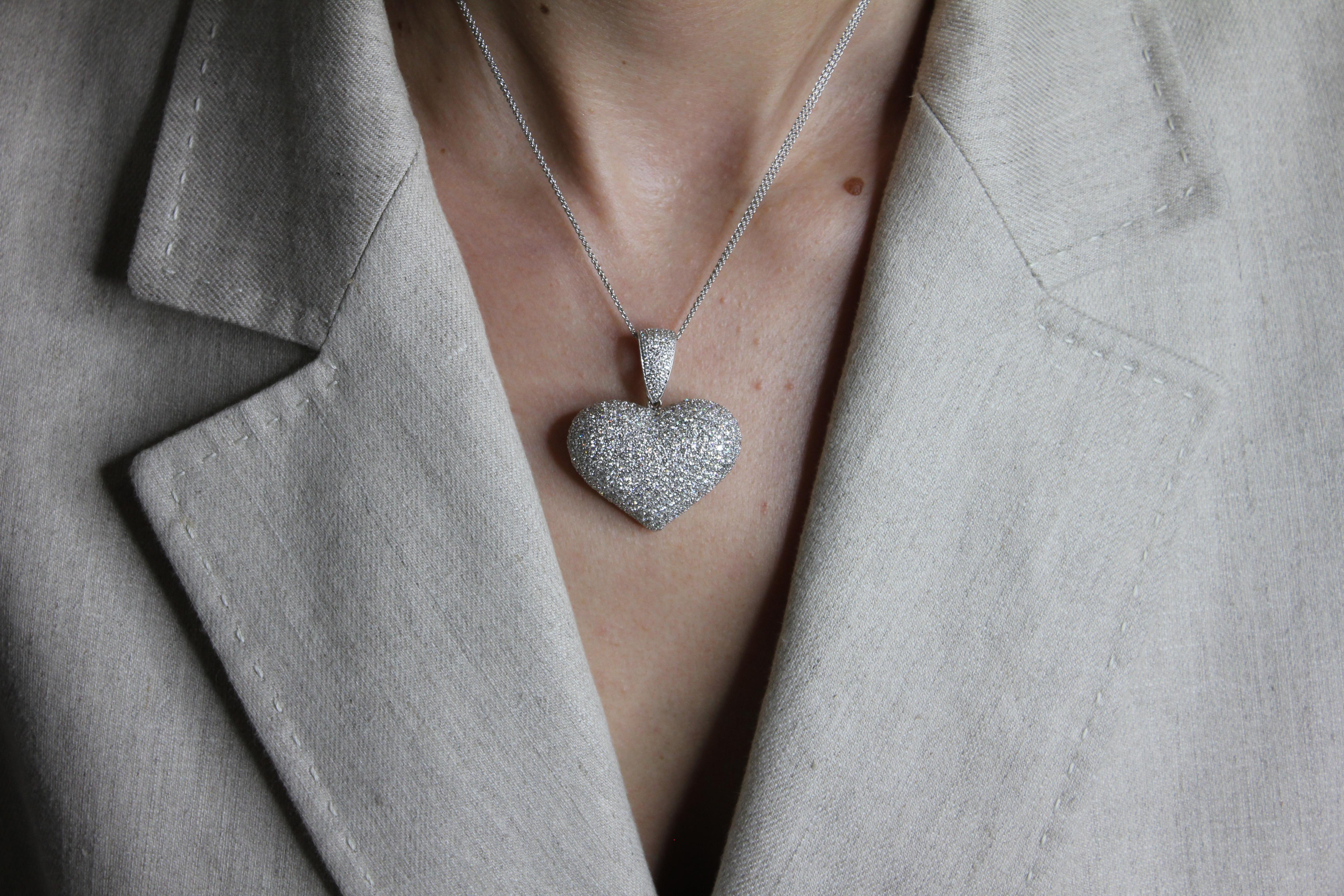 Diamond Halo Pave Jumbo Large Big Heart Romantic Pendant 18k White Gold Necklace In New Condition For Sale In Oakton, VA