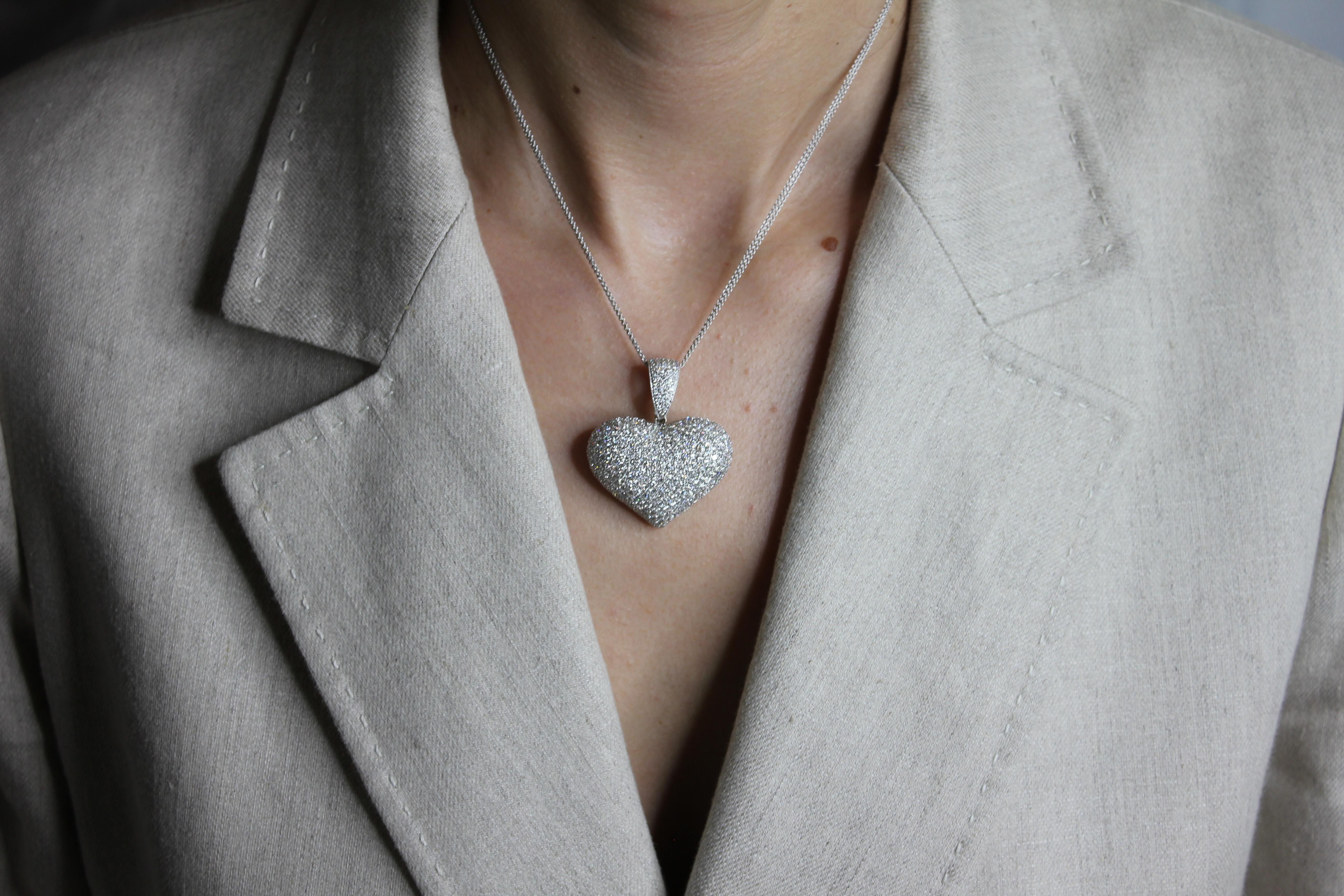 Women's or Men's Diamond Halo Pave Jumbo Large Big Heart Romantic Pendant 18k White Gold Necklace For Sale