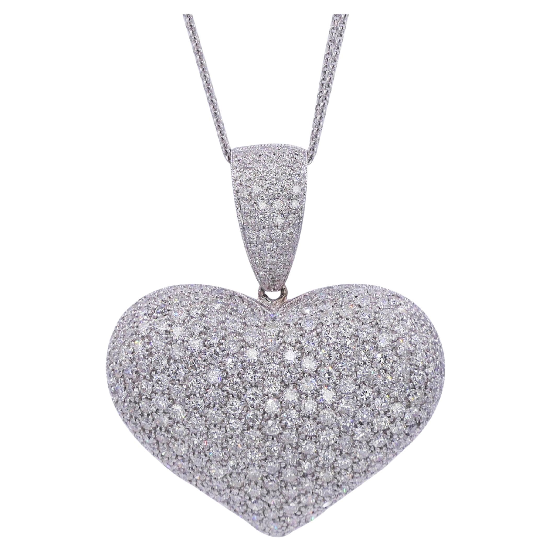 Diamond Halo Pave Jumbo Large Big Heart Romantic Pendant 18k White Gold Necklace For Sale