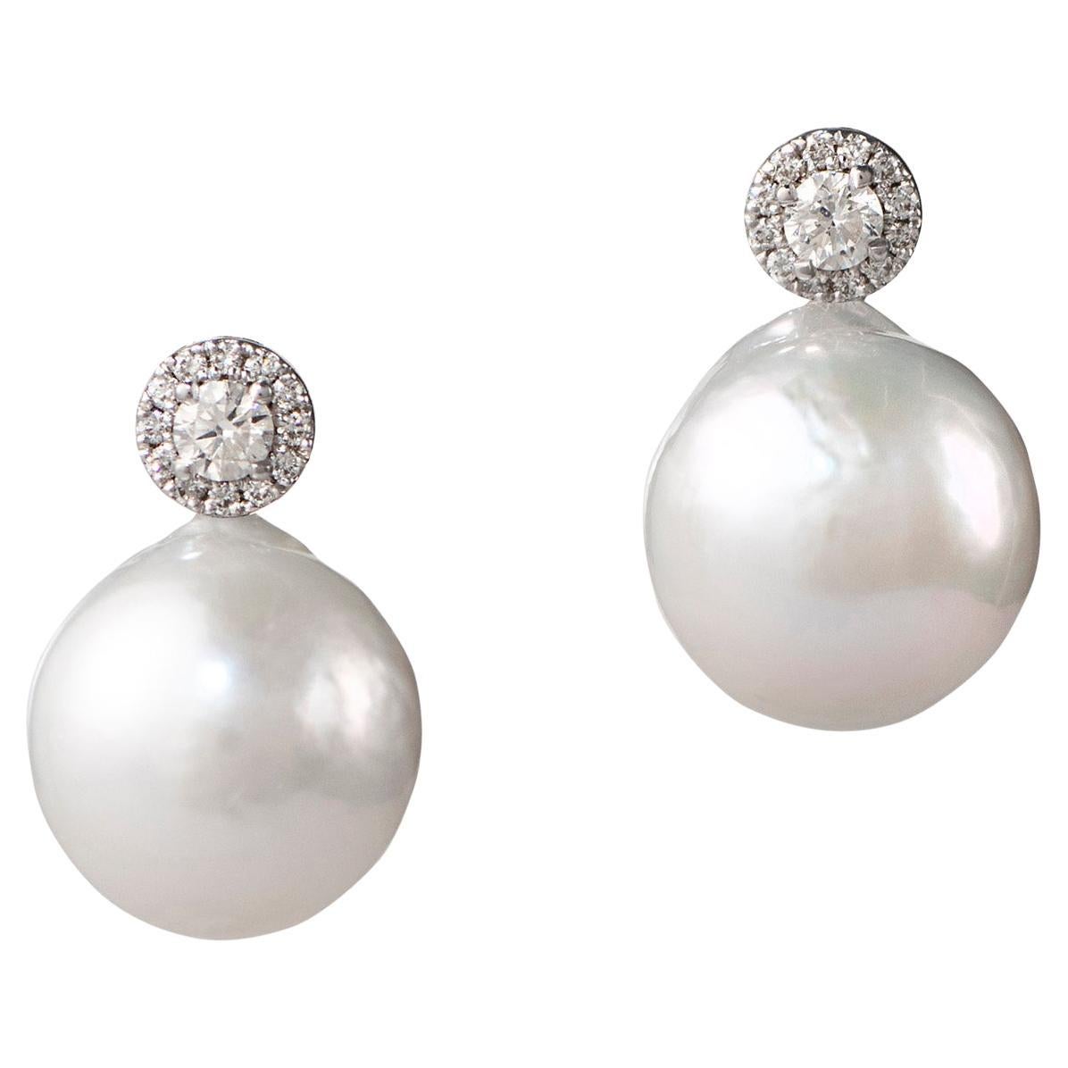 DIAMOND HALO PEARL EARRINGS, BY Michelle Massoura For Sale