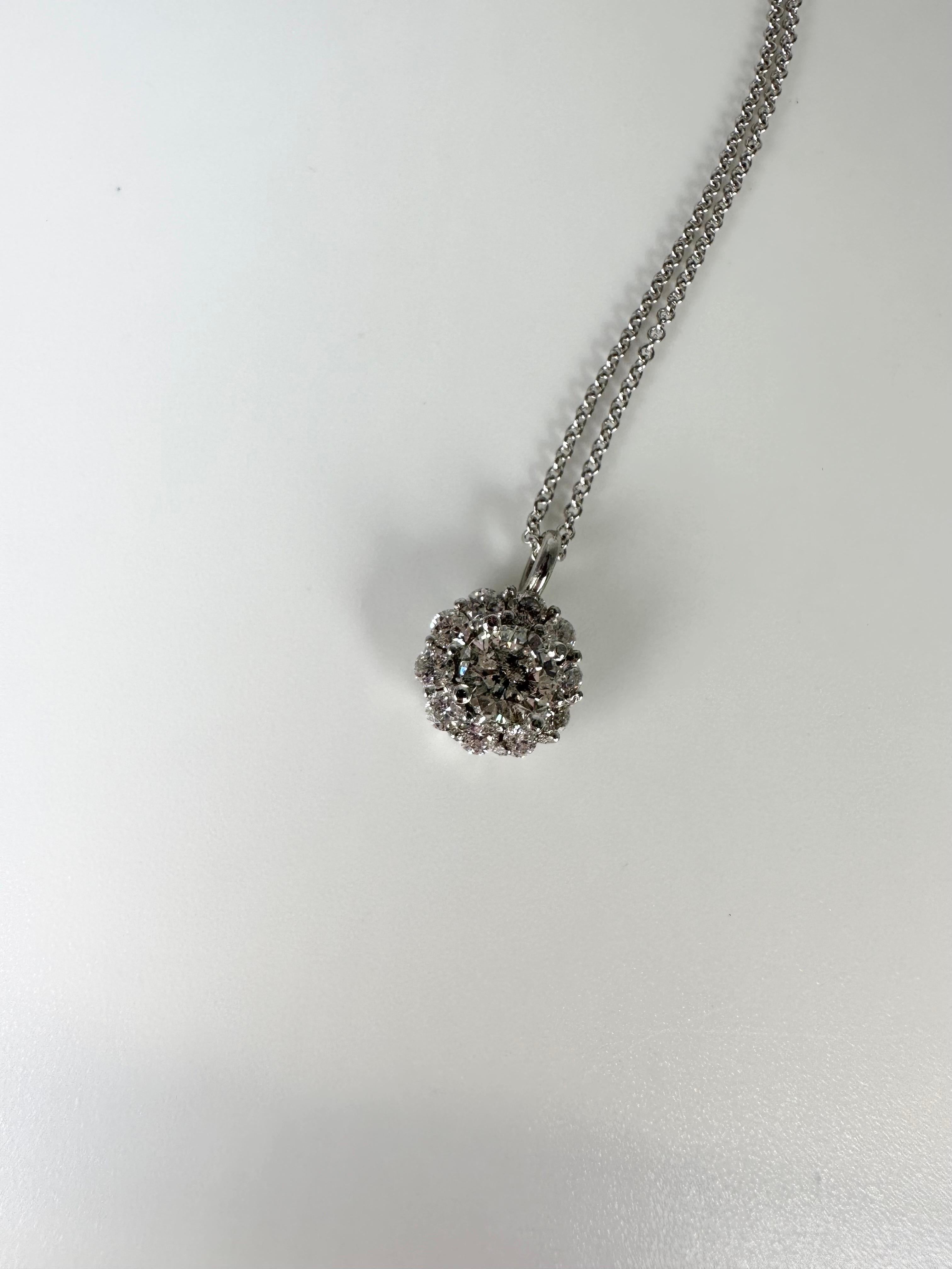 Round Cut Diamond Halo Pendant 14 Karat White Gold Floral Pendant Necklace 1.43 Carat For Sale