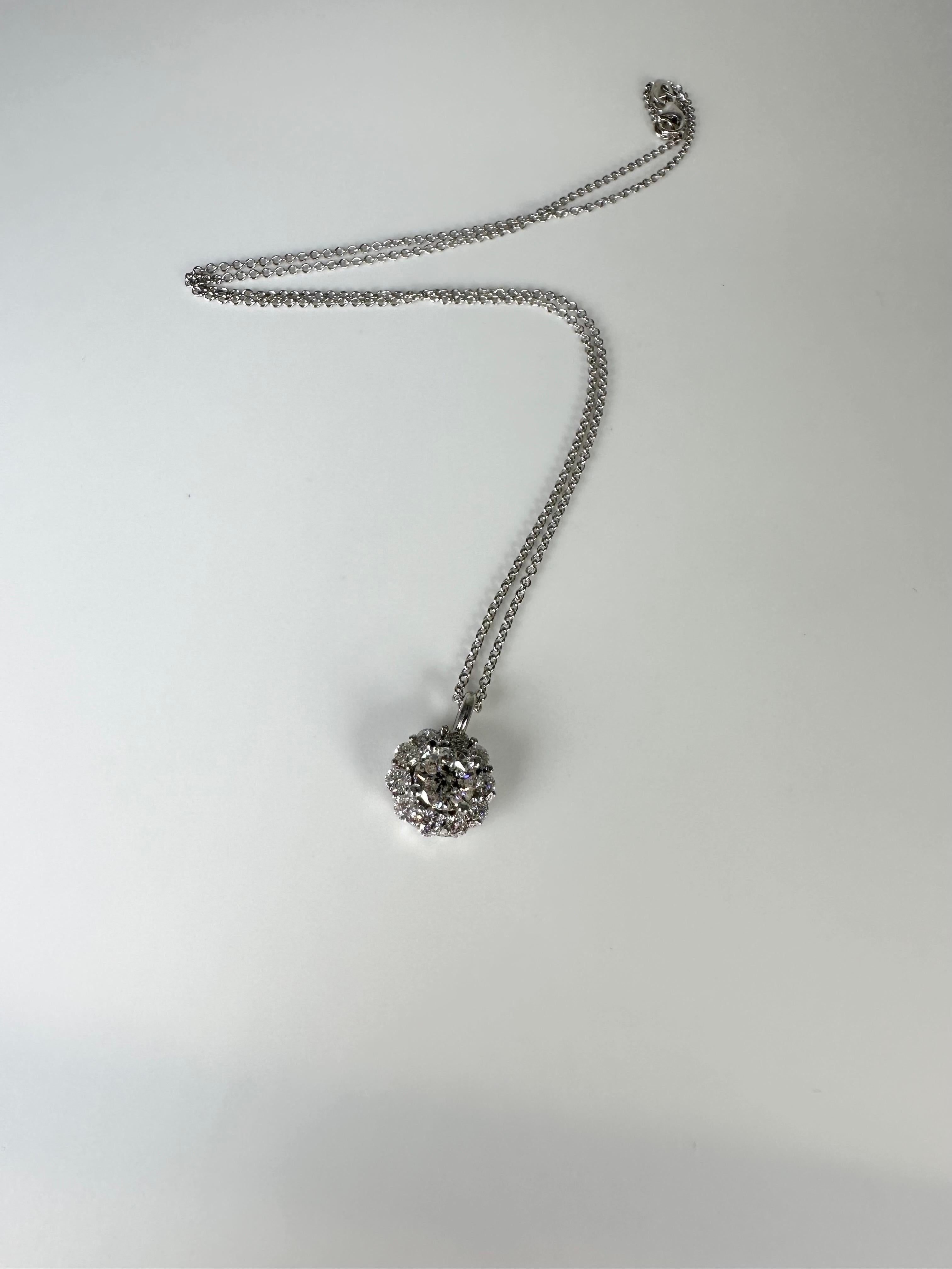 Diamond Halo Pendant 14 Karat White Gold Floral Pendant Necklace 1.43 Carat In New Condition For Sale In Jupiter, FL