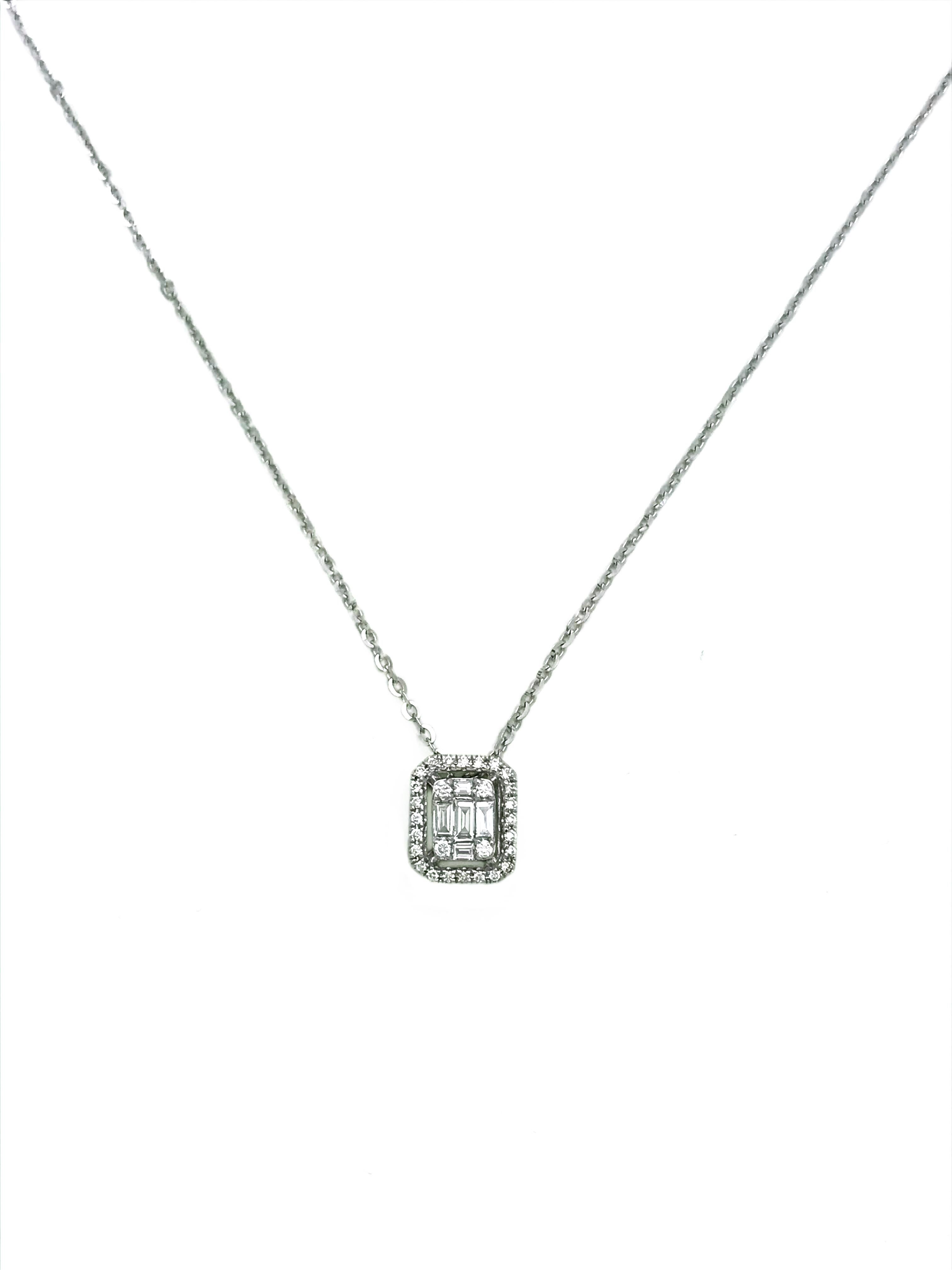 Contemporary Diamond Halo Pendant, White Gold Cable Chain, Baguette Diamonds, Round Diamonds For Sale