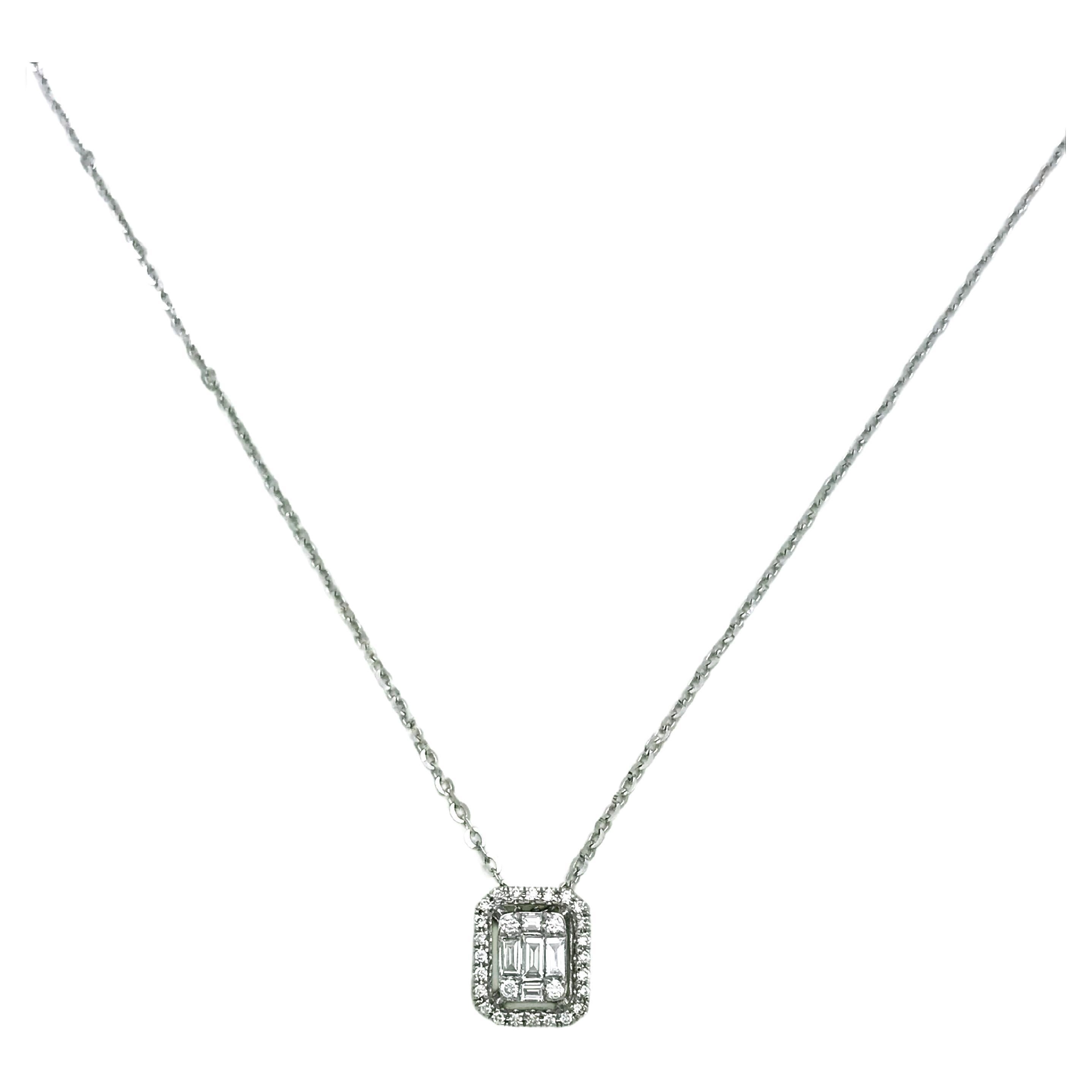 Diamond Halo Pendant, White Gold Cable Chain, Baguette Diamonds, Round Diamonds For Sale