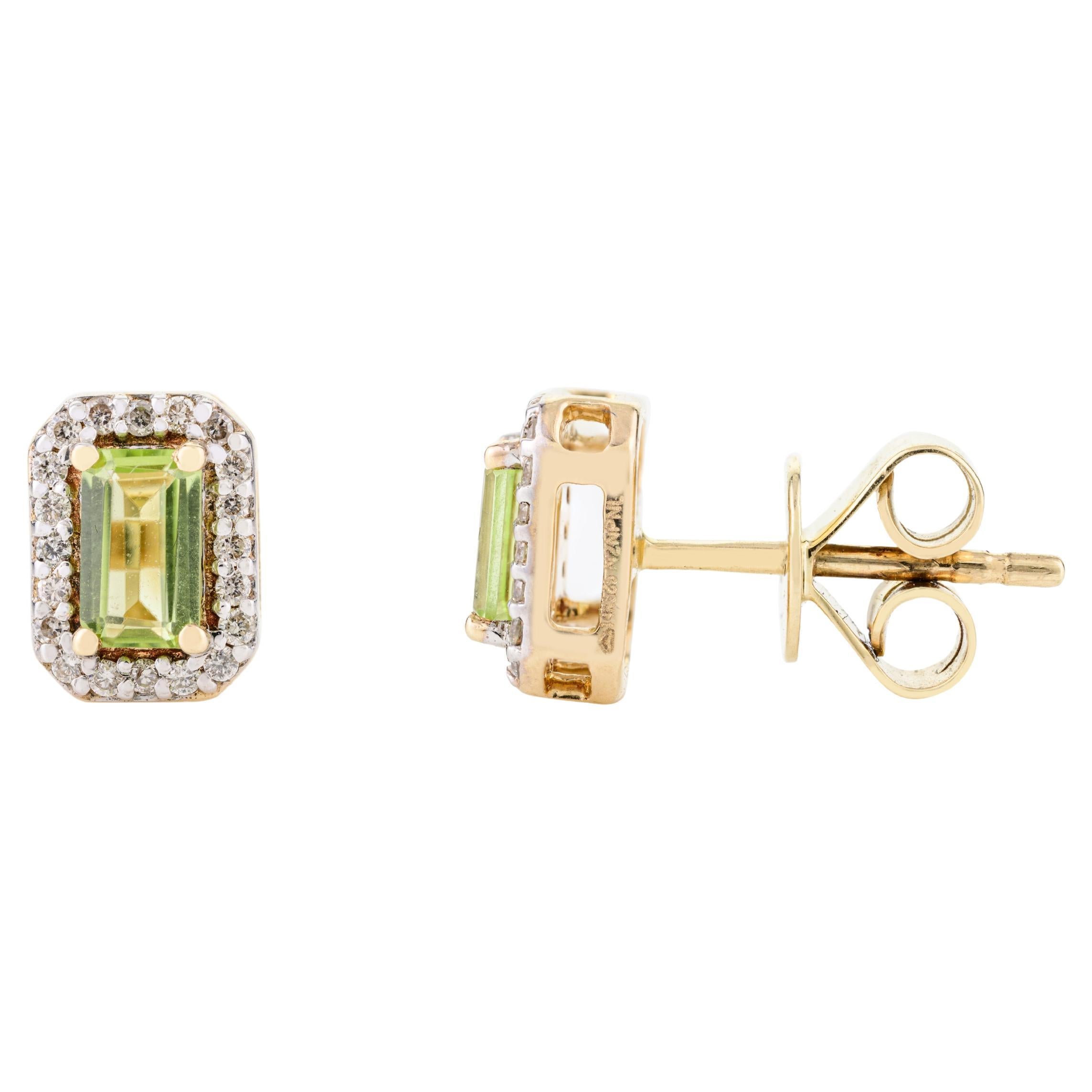 Diamond Halo Peridot Dainty Stud Earrings for Her in 14k Solid Yellow Gold