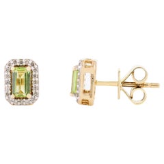 Diamond Halo Peridot Dainty Stud Earrings for Her in 14k Solid Yellow Gold