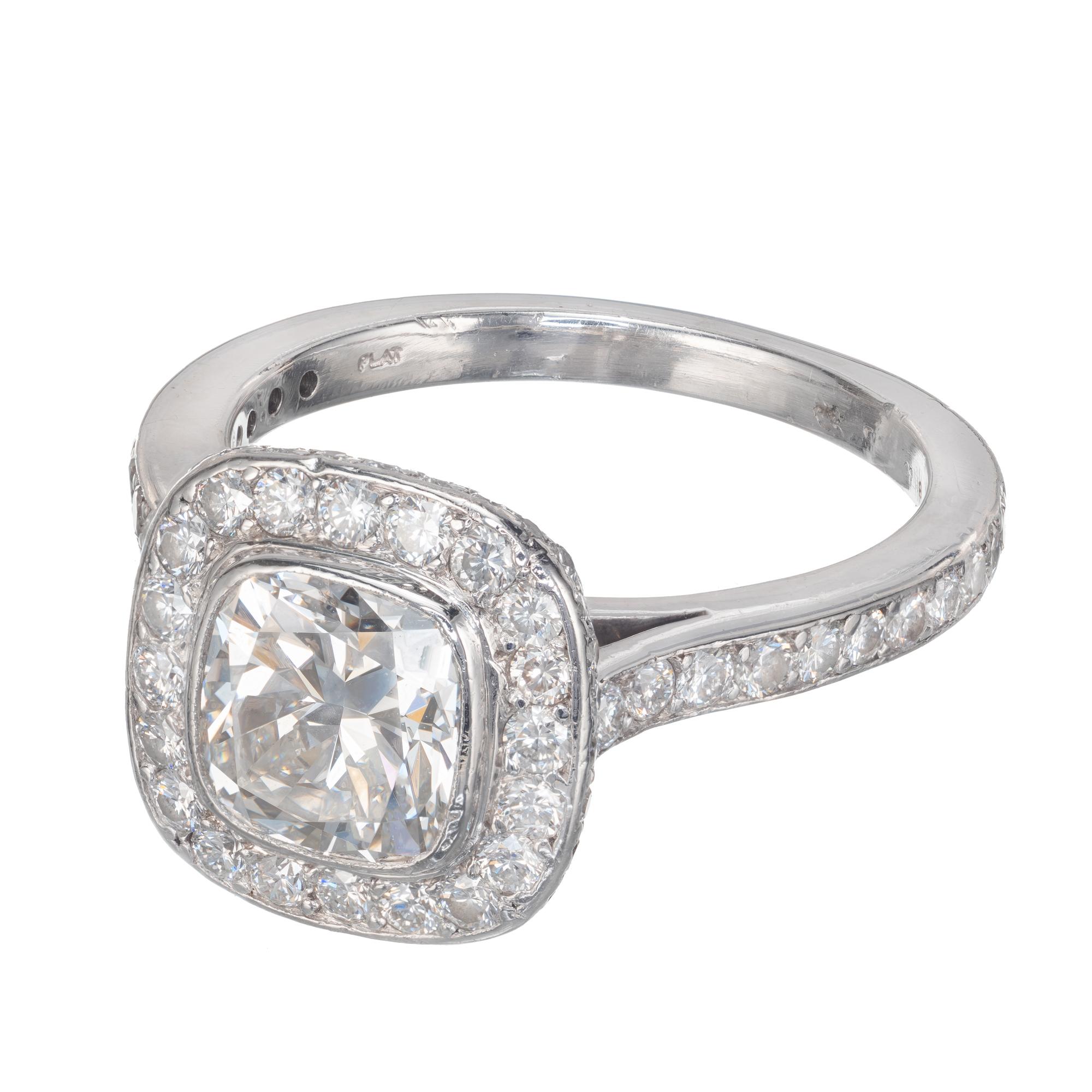 GIA Certified 1.51 Carat Diamond Halo Platinum Engagement Ring In Excellent Condition For Sale In Stamford, CT