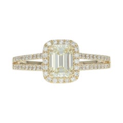 Diamond Halo Ring, 14 Karat Gold Engagement GIA VVS2 Emerald Cut 1.21 Carat