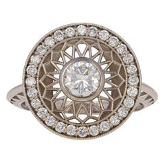 Diamond Halo Ring, 14 Karat White Gold Milgrain GIA Round Brilliant .84 Carat