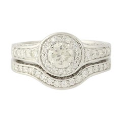 Vintage Diamond Halo Ring and Wedding Band, 14 Karat and 18k Gold Round Cut 1.85 Carat