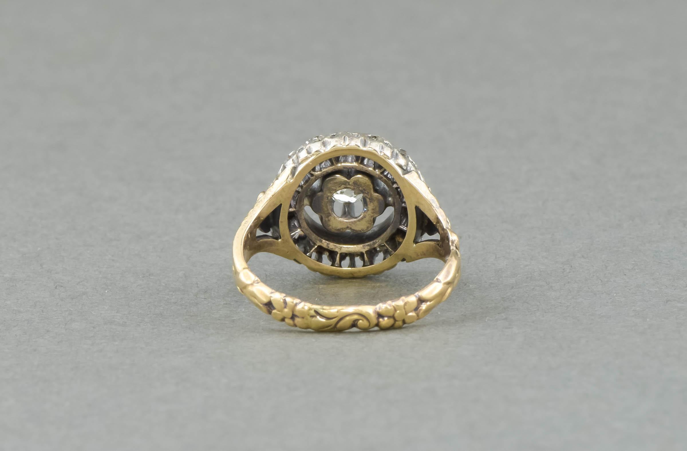 Bague halo de diamants en or et argent 14 carats - vieille mine et diamants taille rose avec boîte en vente 2