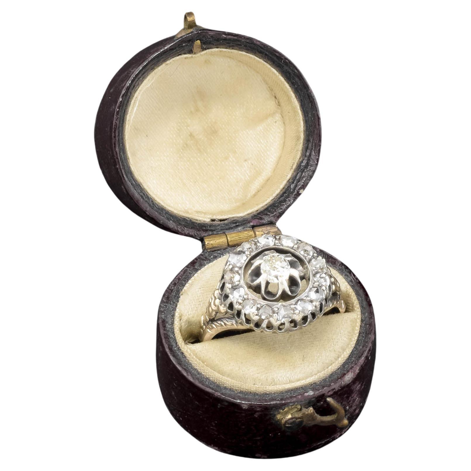 Bague halo de diamants en or et argent 14 carats - vieille mine et diamants taille rose avec boîte en vente