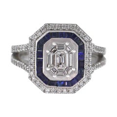 Diamond Halo Ring with Sapphire Stones