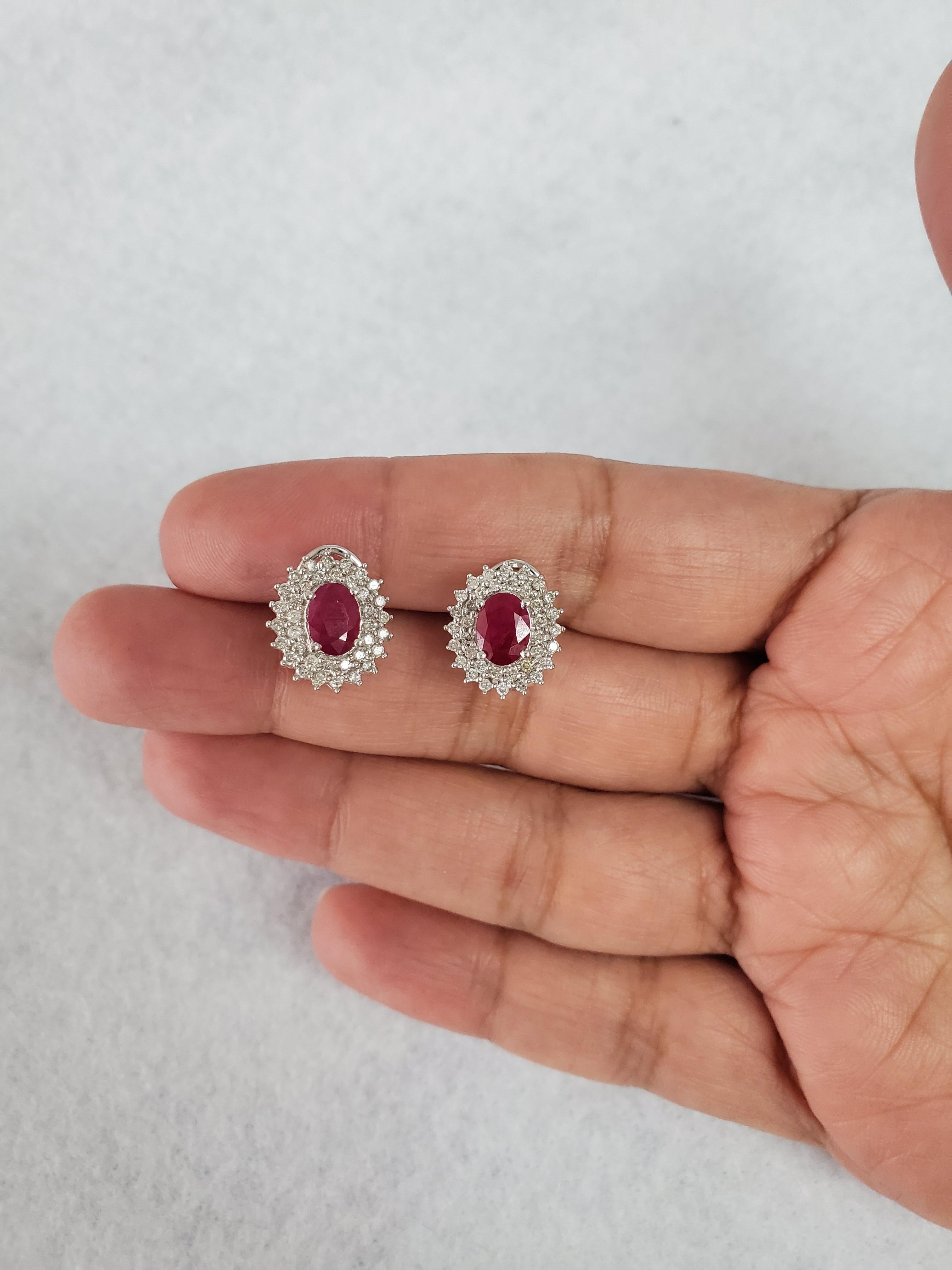 Oval Cut Diamond Halo Ruby Earring 2.56cttw 14k White Gold For Sale