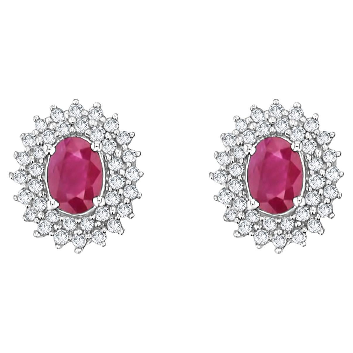 Diamond Halo Ruby Earring 2.56cttw 14k White Gold For Sale